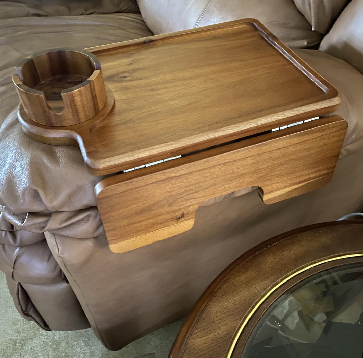 BLUEWEST Couch Cup Holder Tray & Sofa Arm Tray - Large 2-in-1 Acacia Wood Clip-On Side Table with 360° Cup Holder on Armrest, Double SS304 Hinges, Non-Slip for TV Dinners, Remote, Drinks & Snacks customer photo 2