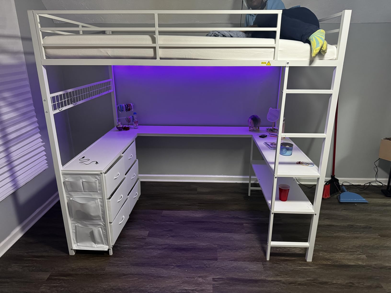 ADORNEVE Loft Bed Full Size with U-Shaped Desk, 6 Storage Drawers, Power Outlet, LED Metal Loft Bed with 2 Storage Shelves, Bed with Safety Guardrail & Ladders, No Box Spring Needed, Grey customer photo 1