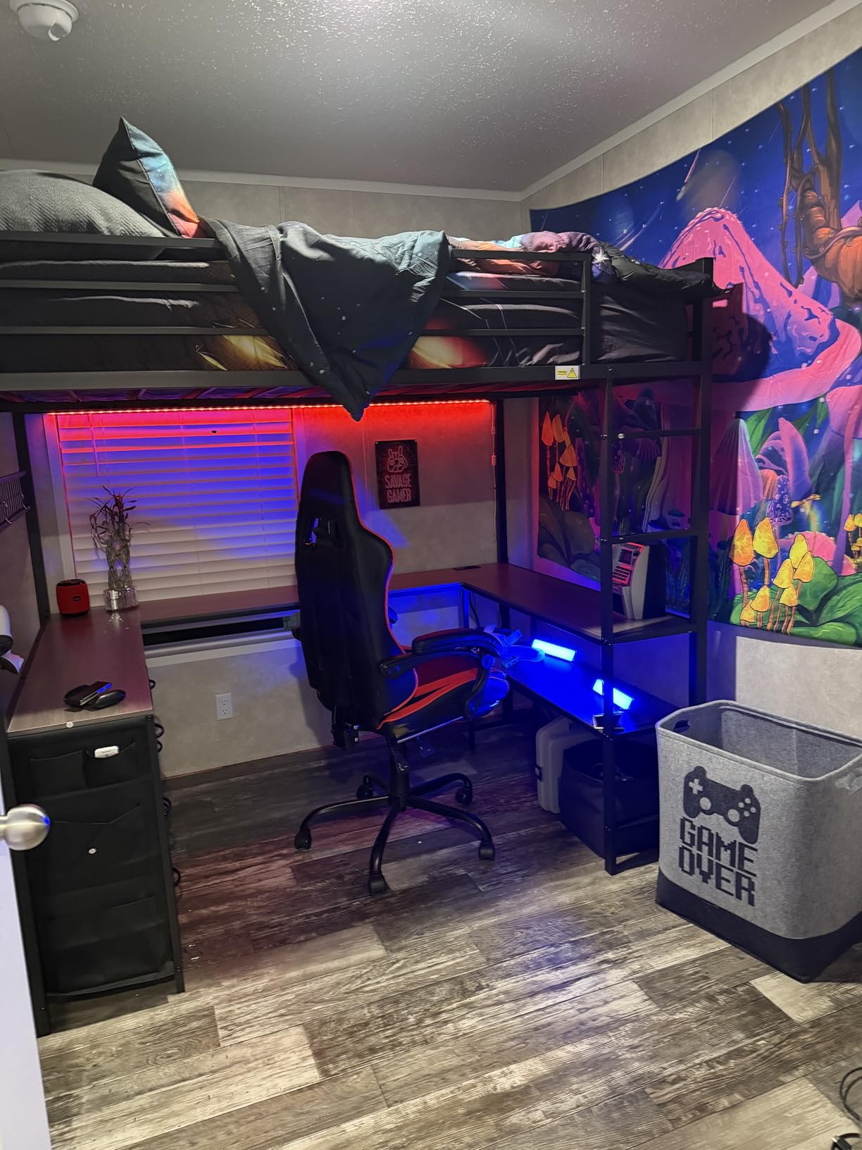 ADORNEVE Loft Bed Full Size with U-Shaped Desk, 6 Storage Drawers, Power Outlet, LED Metal Loft Bed with 2 Storage Shelves, Bed with Safety Guardrail & Ladders, No Box Spring Needed, Grey customer photo 2