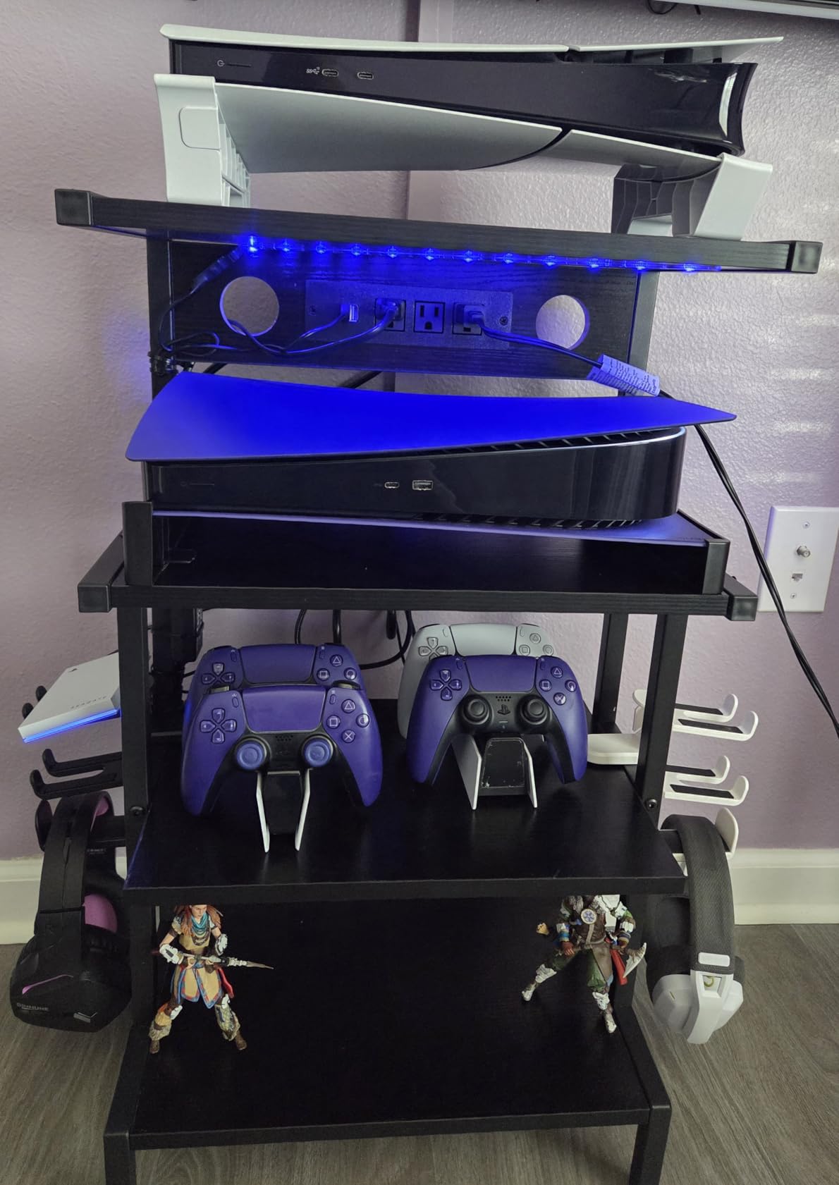 Aquzee Video Game Console Shelf, Stereo Racks - Media Stand with Outlet & Led Strip Light, 4-Tier Gaming Shelf for PS4 PS5 Xbox Games Organizer, Small Entertainment Center, AV Media Stand for CD DVD customer photo 1