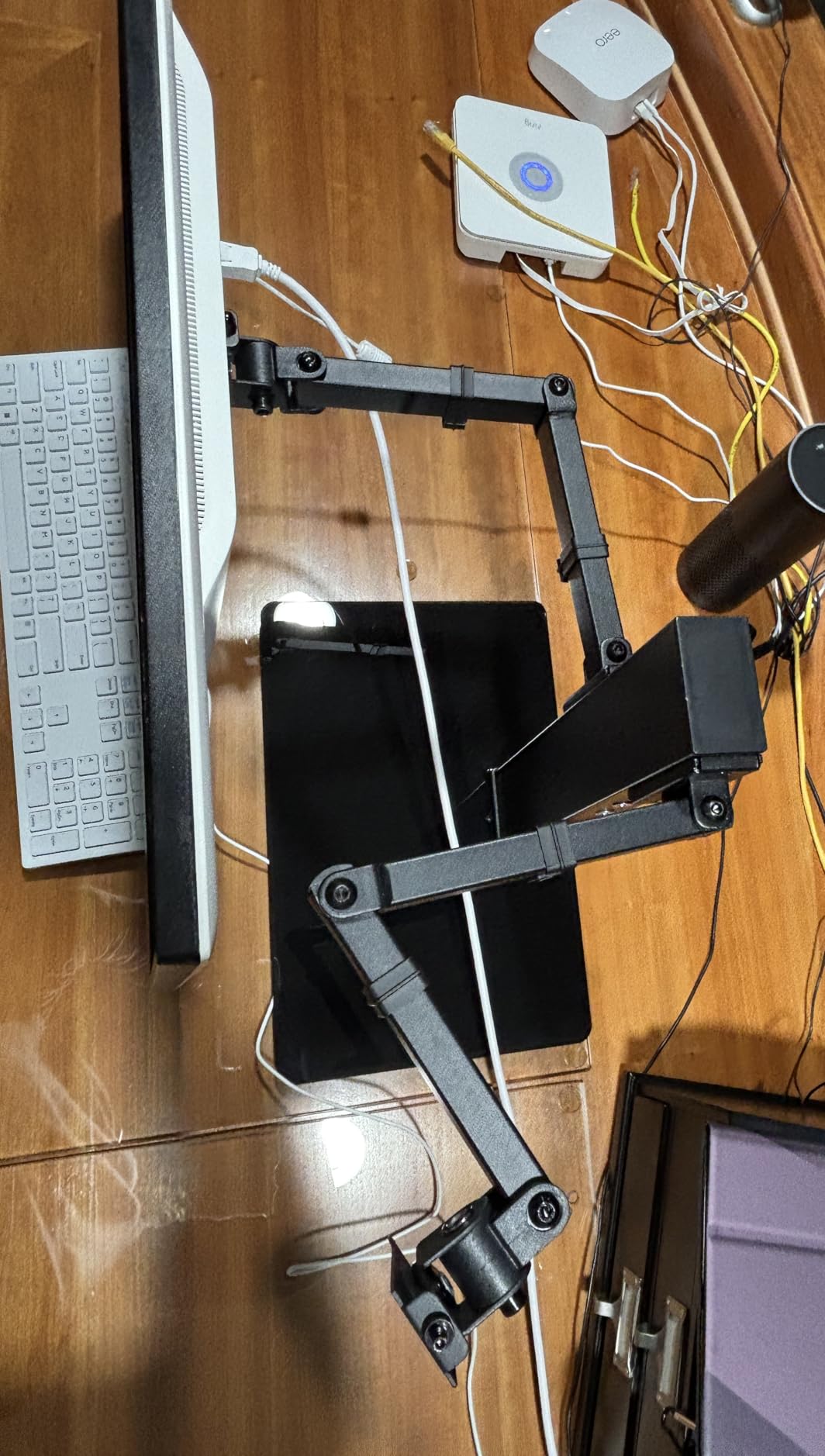 Perlegear Dual Monitor Stand with Power Strip, Freestanding Computer Monitor Stand for 2 Screens up to 32 Inch, Monitor Stand Riser with Glass Base and Adjustable Arms, Holds 22 lbs per Arm, PGTVS41B customer photo 1
