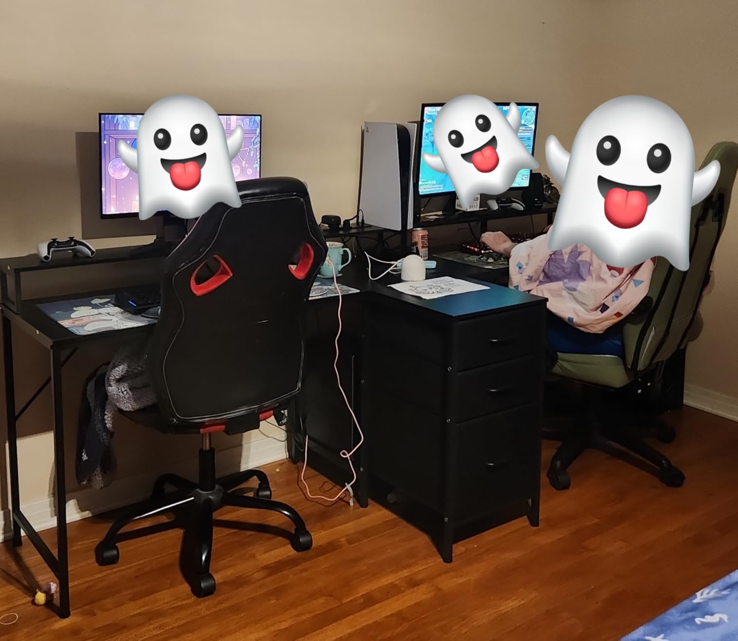 Casaottima 94 Inch 2 Person Home Office Computer Desk with Power Outlet, Fabric Drawers & File Cabinet, Long Writing Desk with Monitor Stand, Storage Shelves, Study/Work Table, Vintage customer photo 1
