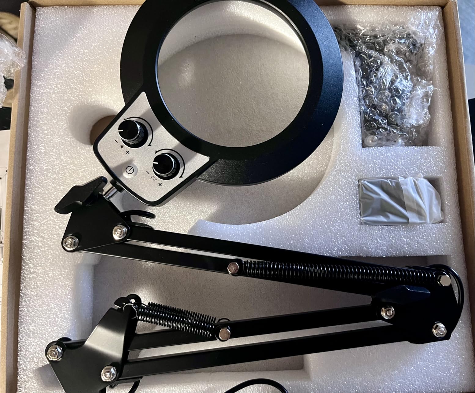 KIRKAS 12X Magnifying Glass with Light and Clamp, Extra-Long Arm Magnifying Lamp Overhead Knob for Workbench Craft, LED Lighted Magnifier Real Glass Lens Stepless Dimming and Color customer photo 2