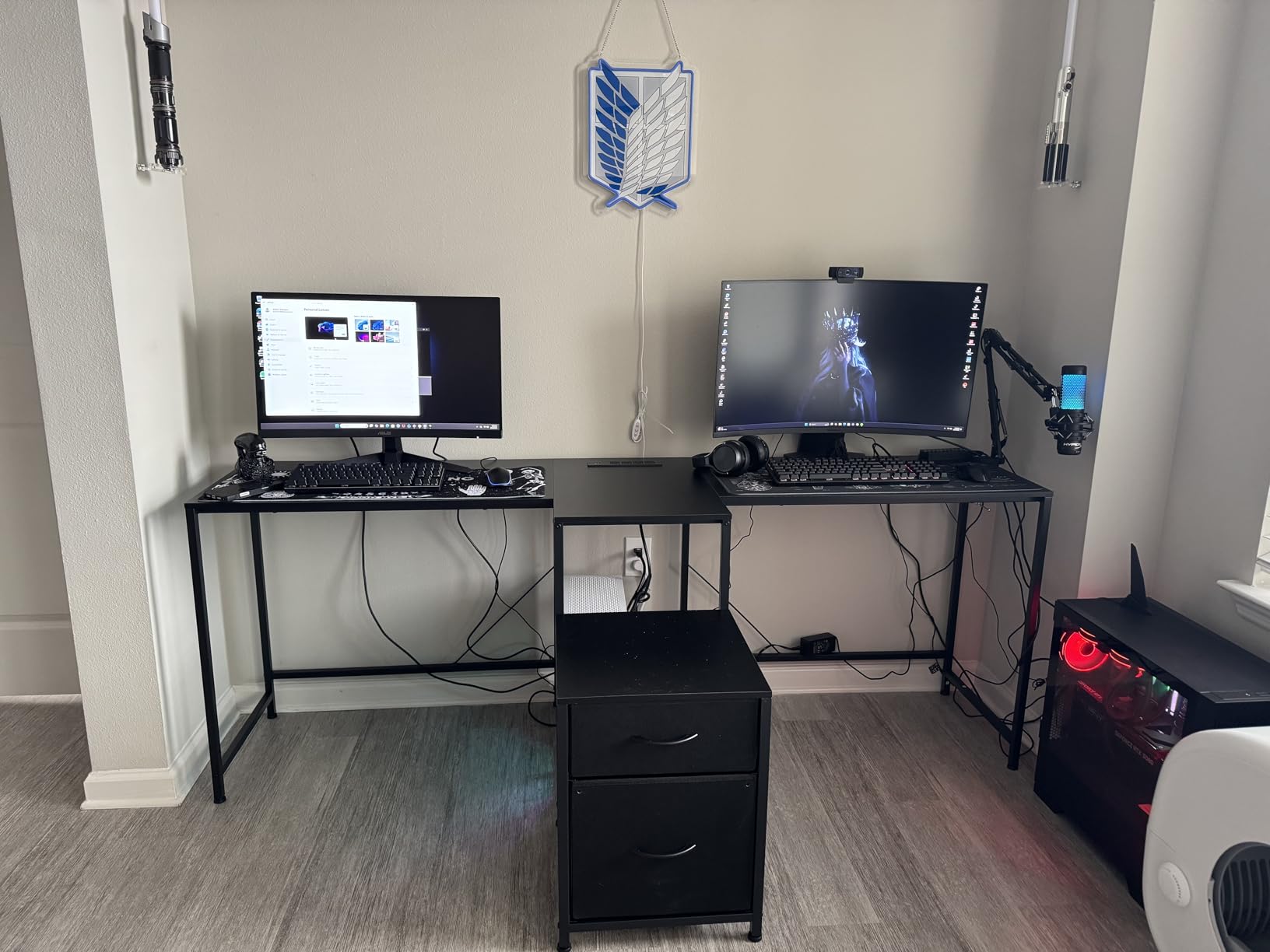 T-Shaped 2 Person Desk with Power Outlet, Long Two Person Gaming Table with LED & Fabric Drawers, 81.2'' Computer Desks with File Cabinet, Double Workstation for Home Office, Rustic Brown customer photo 1