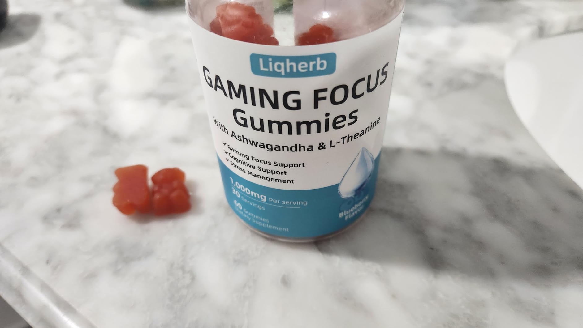 Focus Gummy for Gaming: with L-Theanine, Ashwagandha & Taurine, Stress Relief, Energy & Focus, for Gamers & Pros, Caffeine-Free, Sugar-Free Blueberry Flavor, Vegan, Non-GMO, Gluten Free, 60 customer photo 1