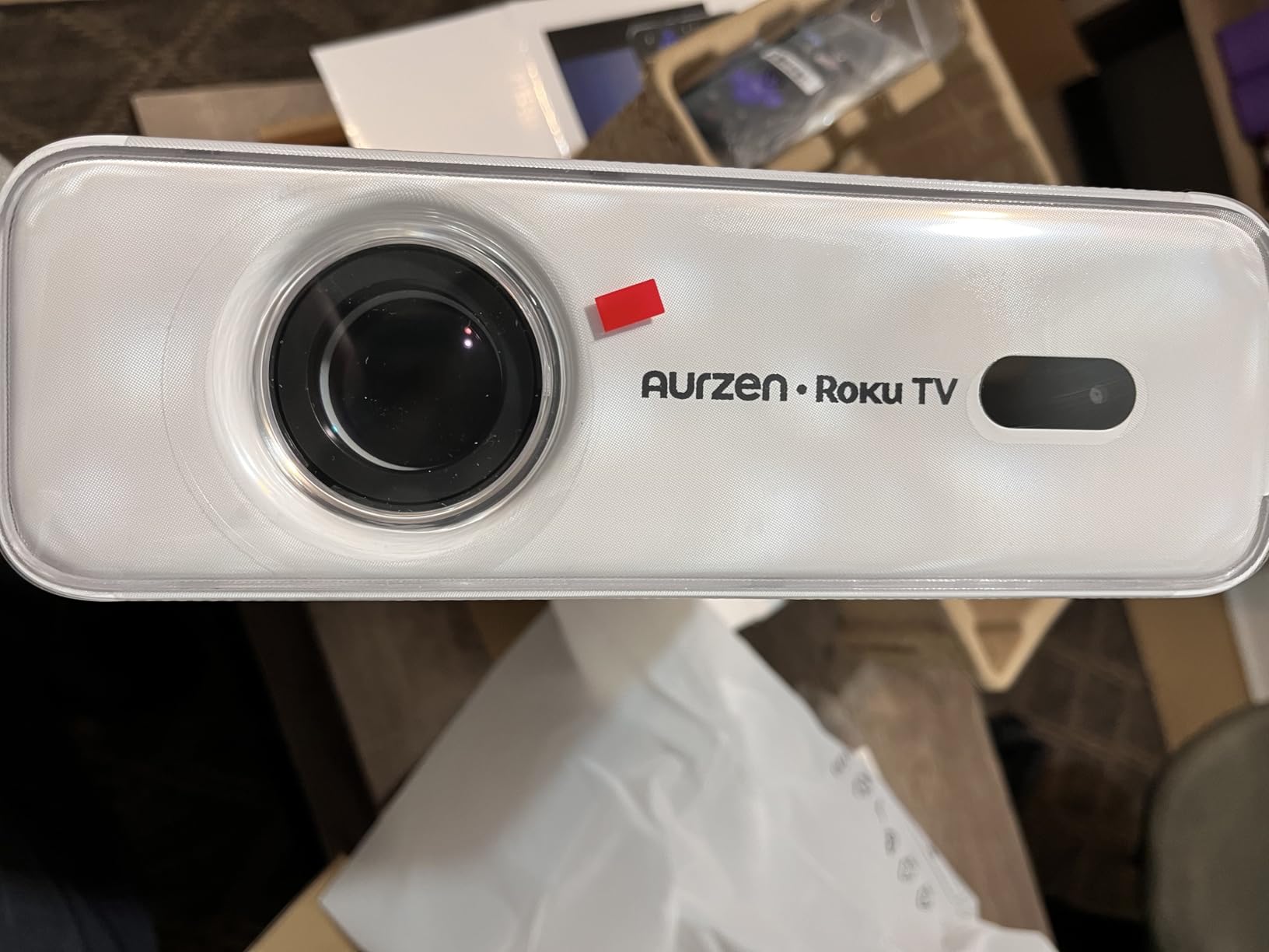 Aurzen Roku TV Smart Projector with Wifi and Bluetooth, Roku Streaming Experience Built-in, 1080P FHD, DoIby Audio, Auto Focus & Keystone, Zoom, Movie Portable Outdoor Mini Projector, White customer photo 2