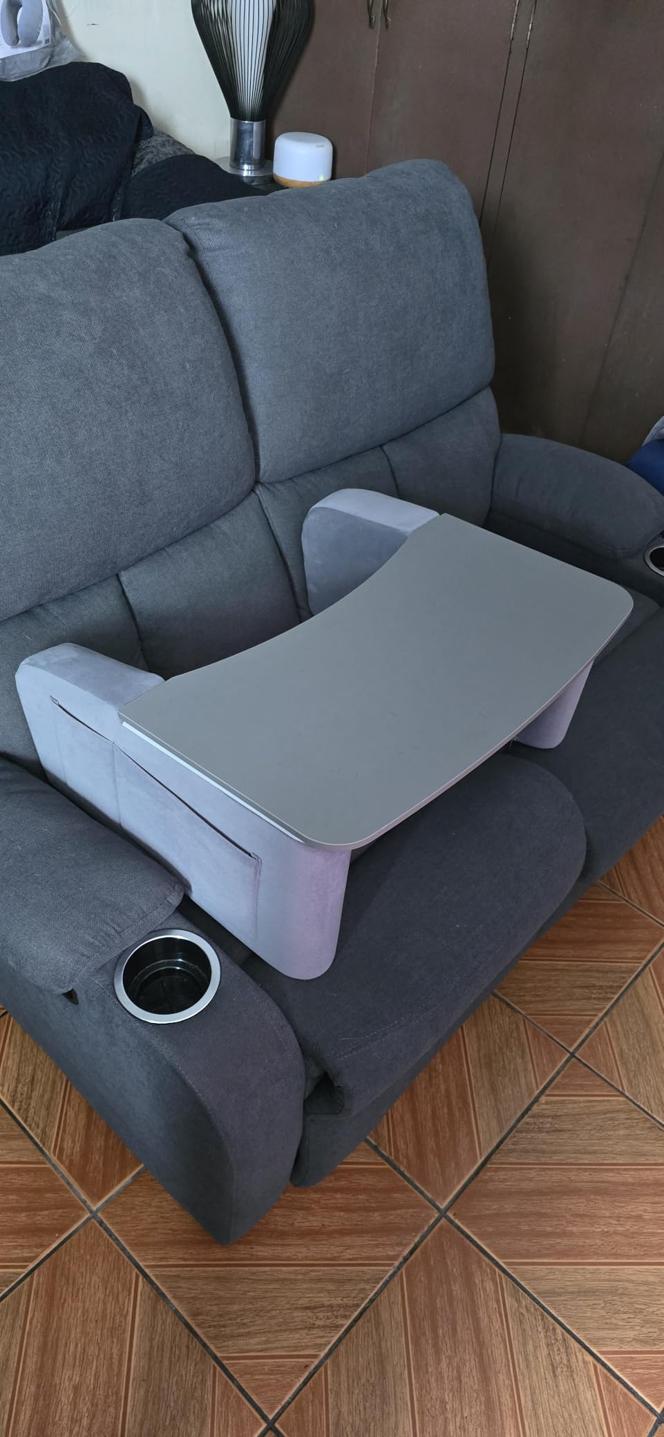 Reading Pillow for Gaming with Ergonomic Arm Rests, Wooden Lap Desk for Laptop, Support Pillow with Side Pockets for Reading, Writing, Working, Gaming on Bed, Couch or Floor (Gray, Large) customer photo 2