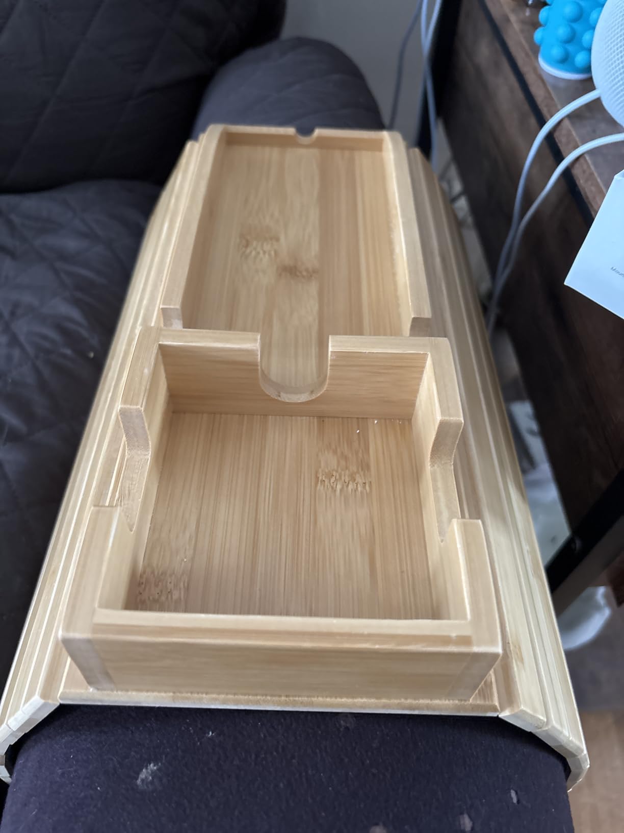 Bamboo Couch Armrest Table, Couch Arm Tray with Removable Couch Cup Holder, 2 in 1 Design Foldable Anti-Slip Bamboo Couch Tray and Sofa Cup Holder for Drink customer photo 2