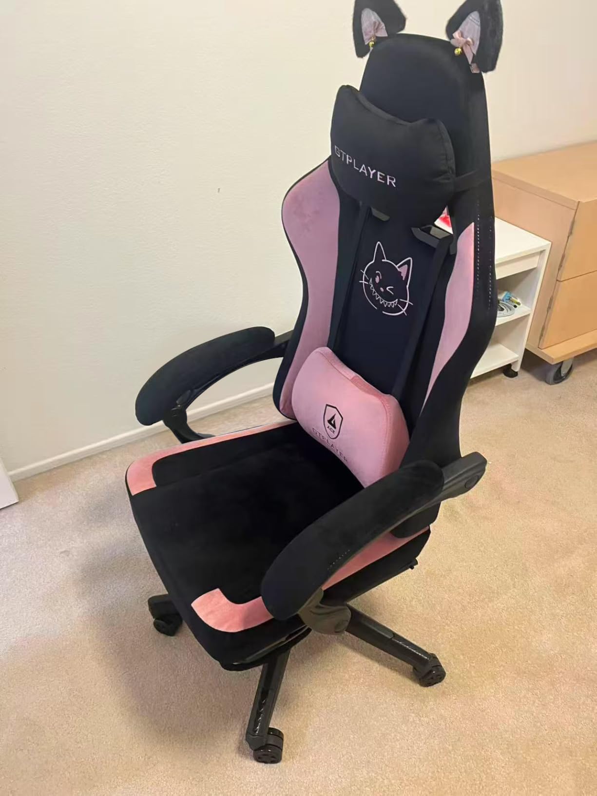 GTPLAYER Pink Gaming Chair Cute with Cat Ears Ergonomic Computer Chair with Cat Embroidery Adjustable Memory Foam Lumbar Support and Headrest Comfortable Reclining Office Chair Soft Velvet Fabric customer photo 1
