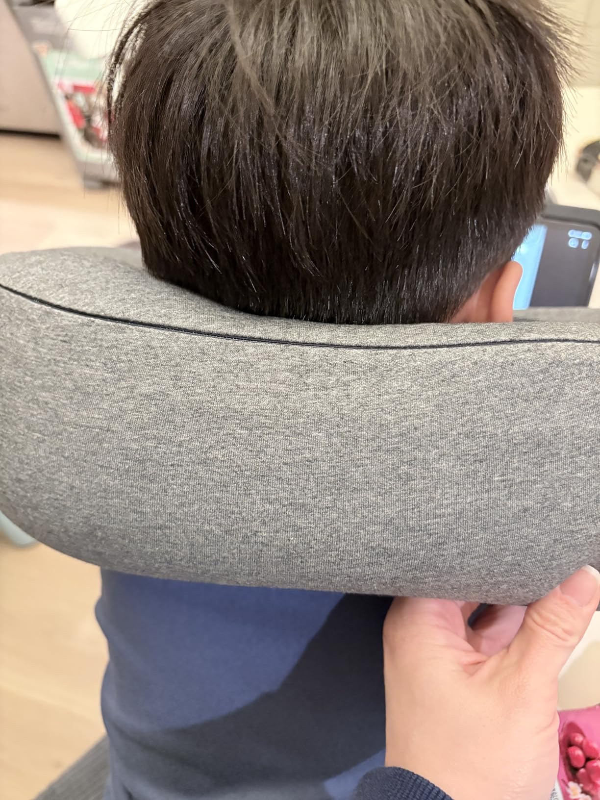 Travel Neck Pillow with 100% Pure Memory Foam, G-Shape, Includes Eye Mask & Ear Plugs, Ergonomic Design for Airplane, Car & Office, etc, Beige Gray customer photo 1