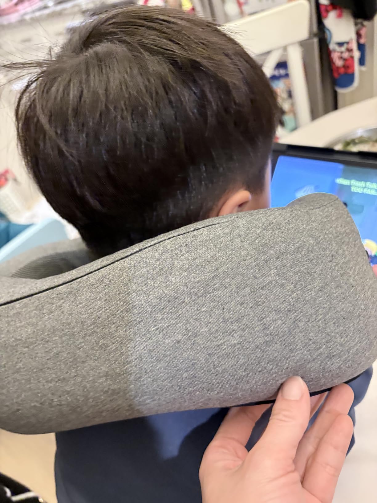 Travel Neck Pillow with 100% Pure Memory Foam, G-Shape, Includes Eye Mask & Ear Plugs, Ergonomic Design for Airplane, Car & Office, etc, Beige Gray customer photo 2