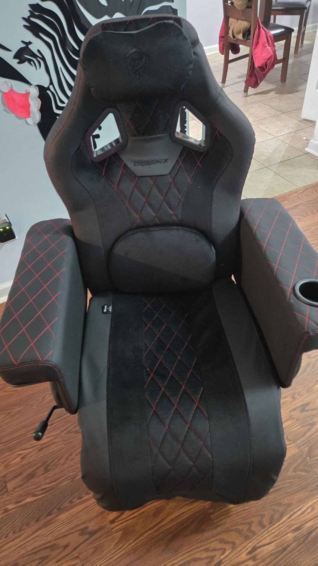 Dowinx Racing Style Gaming Recliner Chair with Massage Lumbar Support, Footrest, Cup Holder, Side Pouch, High Back Ergonomic Video Game Chair Reclining No Wheels Heavy Duty, Fabric Green customer photo 2