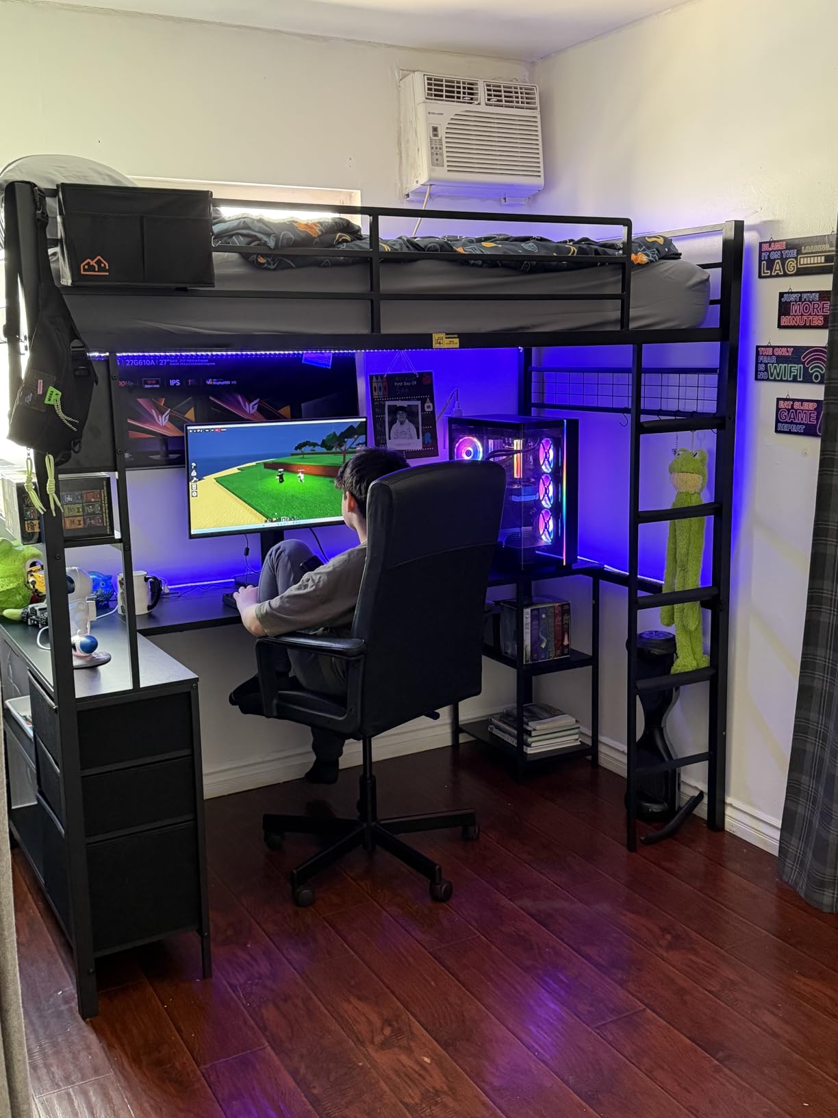 Twin Size Loft Bed with L-Shaped Gaming Desk, Storage Drawers, Glass Cabinet & Hutch, Twin Loft Bed with Smart LED Lights & Power Outlets, Metal Bed Frame with Safety Guardrail & Ladder for Kids/Teens customer photo 1