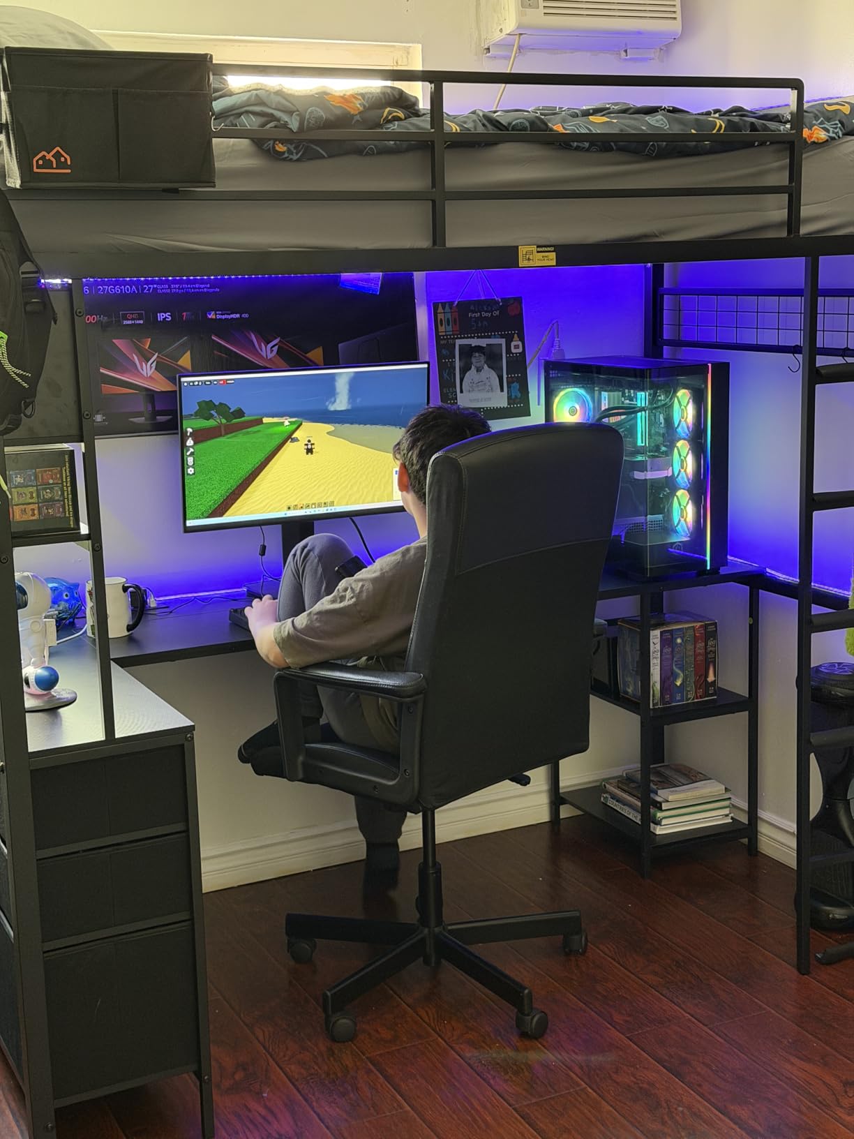 Twin Size Loft Bed with L-Shaped Gaming Desk, Storage Drawers, Glass Cabinet & Hutch, Twin Loft Bed with Smart LED Lights & Power Outlets, Metal Bed Frame with Safety Guardrail & Ladder for Kids/Teens customer photo 2