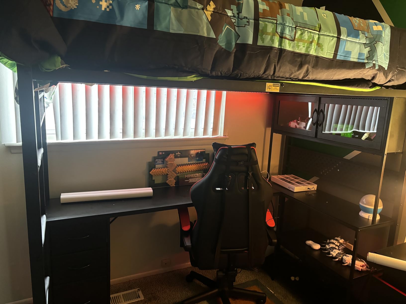ADORNEVE Gaming Loft Bed Full Size with L-Shaped Desk, Arcylic RGB Hutch & Safety Power Outlet, Metal Loft Bed with Storage Drawer, Shelves, Safety Guardrail & Ladder, Space Saving for Teens, Black customer photo 2