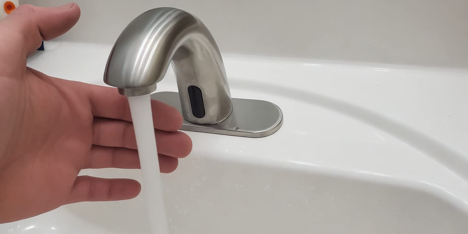 Touchless Bathroom Sink Faucet - Automatic Motion Sensor Restroom Toilet Faucet - Battery Operated for Commercial Lavatory, Brushed Nickel customer photo 1