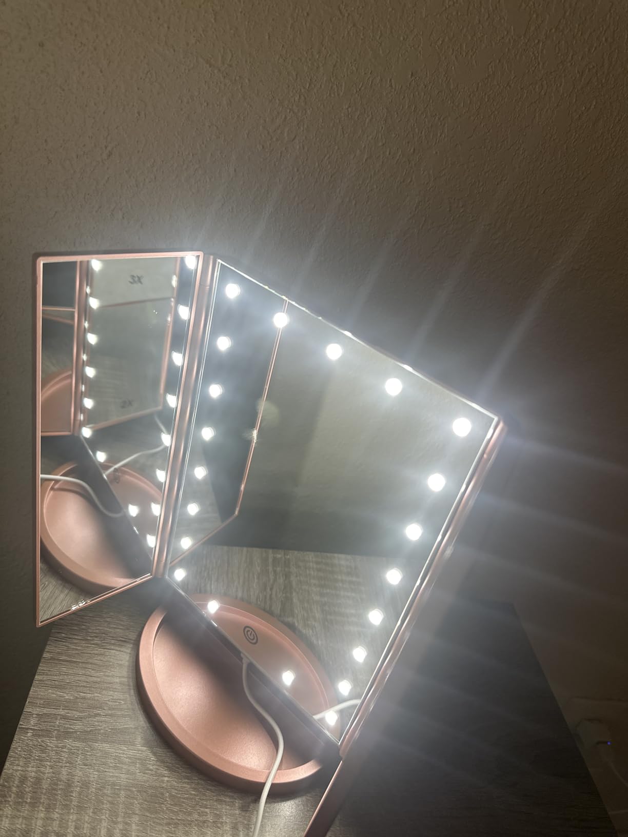 deweisn Dresser Mount Tri-Fold Lighted Vanity Mirror with 21 LED Lights, Touch Screen and 3X/2X/1X Magnification, Two Power Supply Modes Make Up Mirror, Travel Mirror customer photo 1