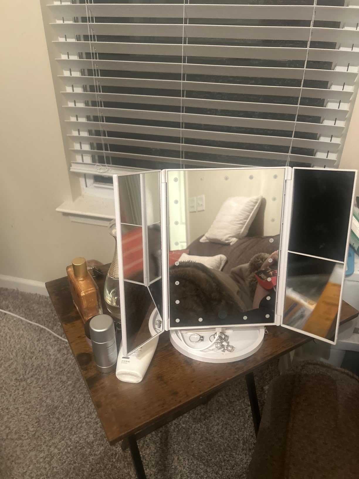 deweisn Dresser Mount Tri-Fold Lighted Vanity Mirror with 21 LED Lights, Touch Screen and 3X/2X/1X Magnification, Two Power Supply Modes Make Up Mirror, Travel Mirror customer photo 2