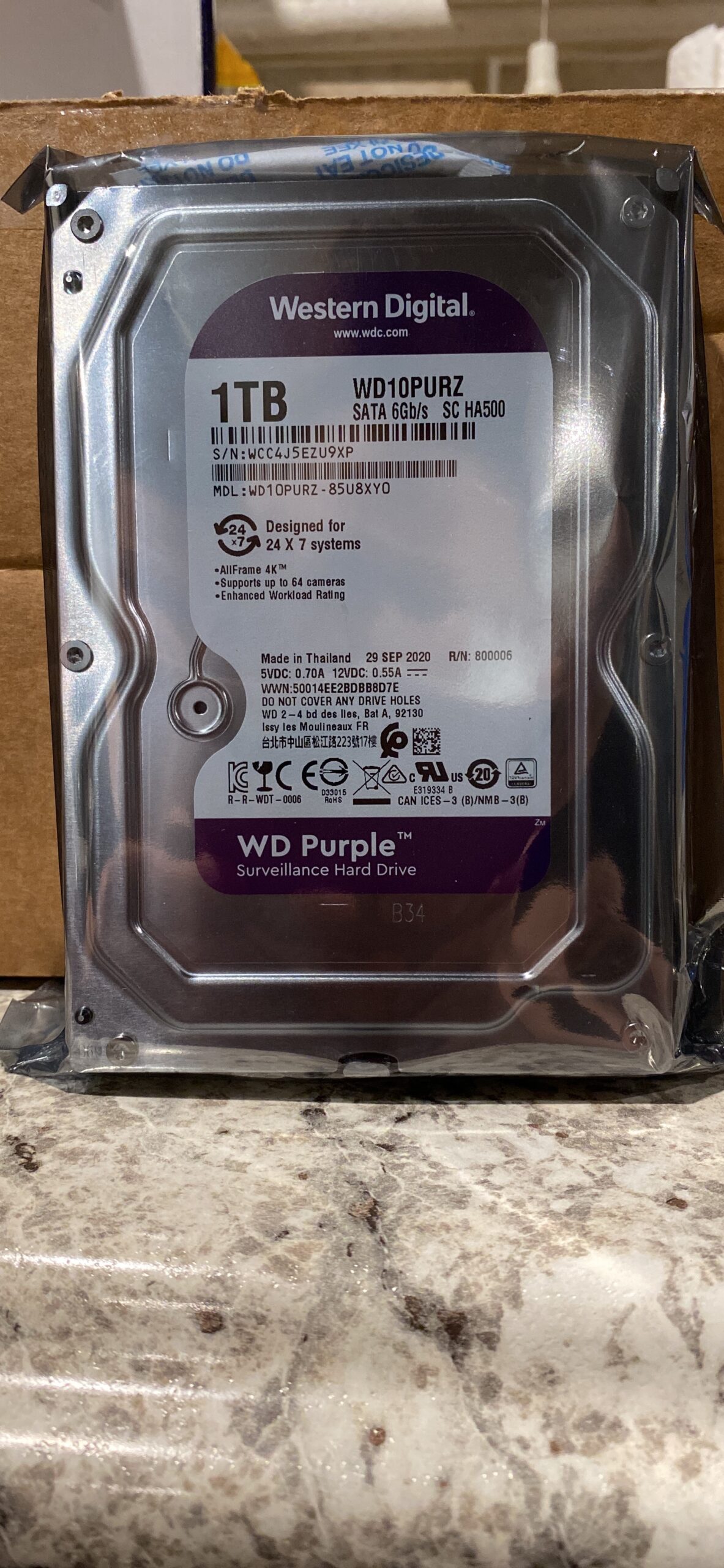 Western Digital 1TB WD Purple Surveillance Internal Hard Drive HDD - SATA 6 Gb/s, 64 MB Cache, 3.5