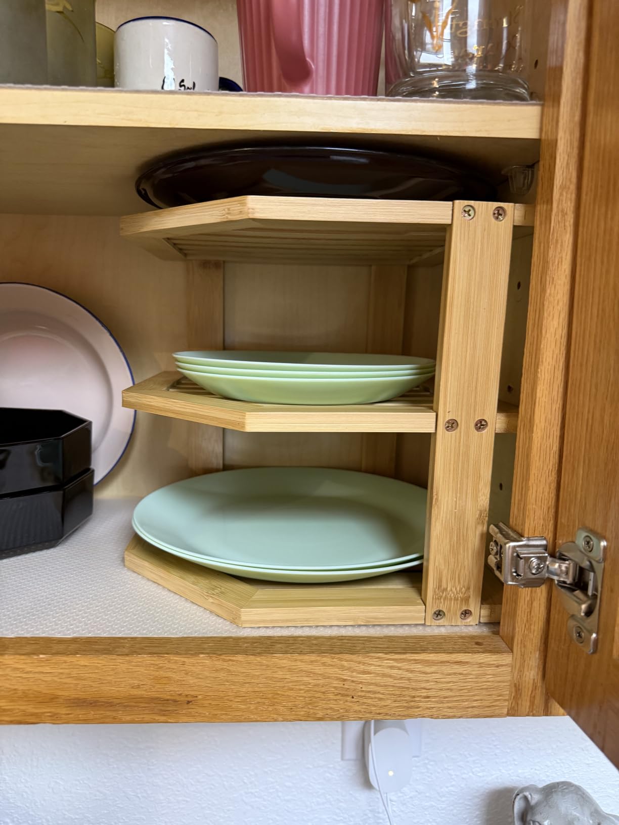 Plate Organizer for Cabinet - 3 Tier Bamboo Corner Shelf Cabinet Organizer for Plates, Bowls, Mugs and Pantry Storage, Space Saving Countertop and Cabinet Corner Shelf customer photo 2
