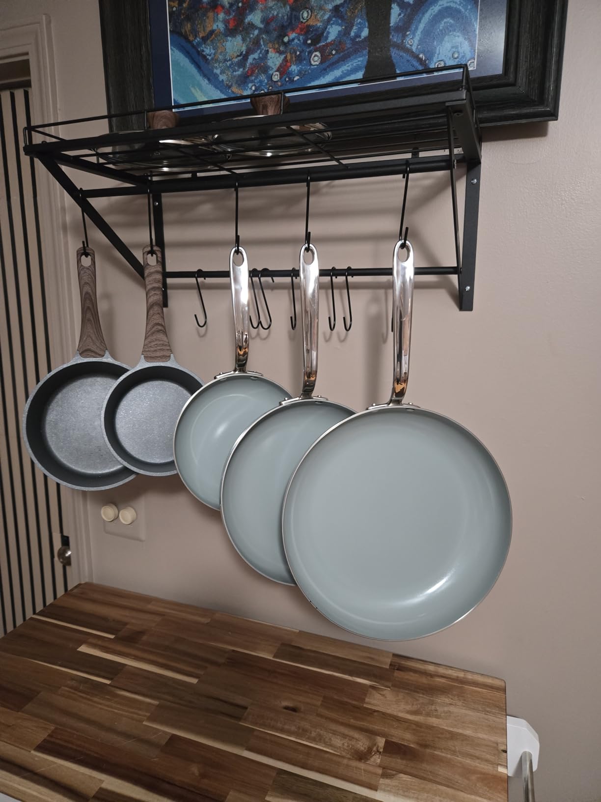 OROPY 23 Inch Wall Mounted Pot Rack Storage Shelf with 2 Tier Hanging Rails 12 S Hooks included, Ideal for Pans, Utensils, Cookware, Plant Black customer photo 1