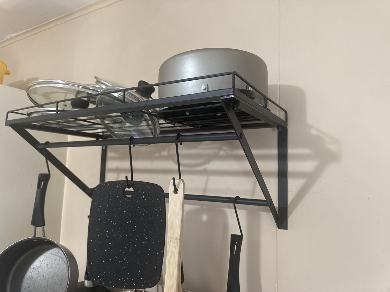 OROPY 23 Inch Wall Mounted Pot Rack Storage Shelf with 2 Tier Hanging Rails 12 S Hooks included, Ideal for Pans, Utensils, Cookware, Plant Black customer photo 2