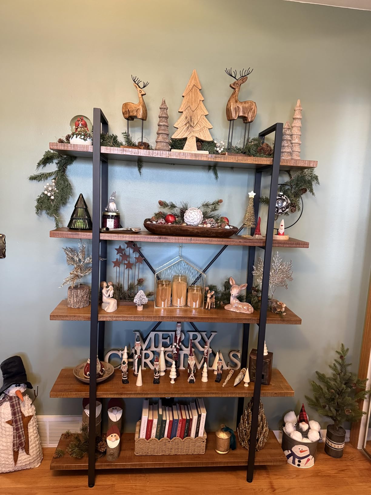 HSH 5 Tier Solid Wood Bookshelf, Natural Real Wood Bookcase, Industrial Rustic Vintage Etagere Bookshelf, Open Metal Farmhouse Solid Wooden Book Shelf, Distressed Brown customer photo 1