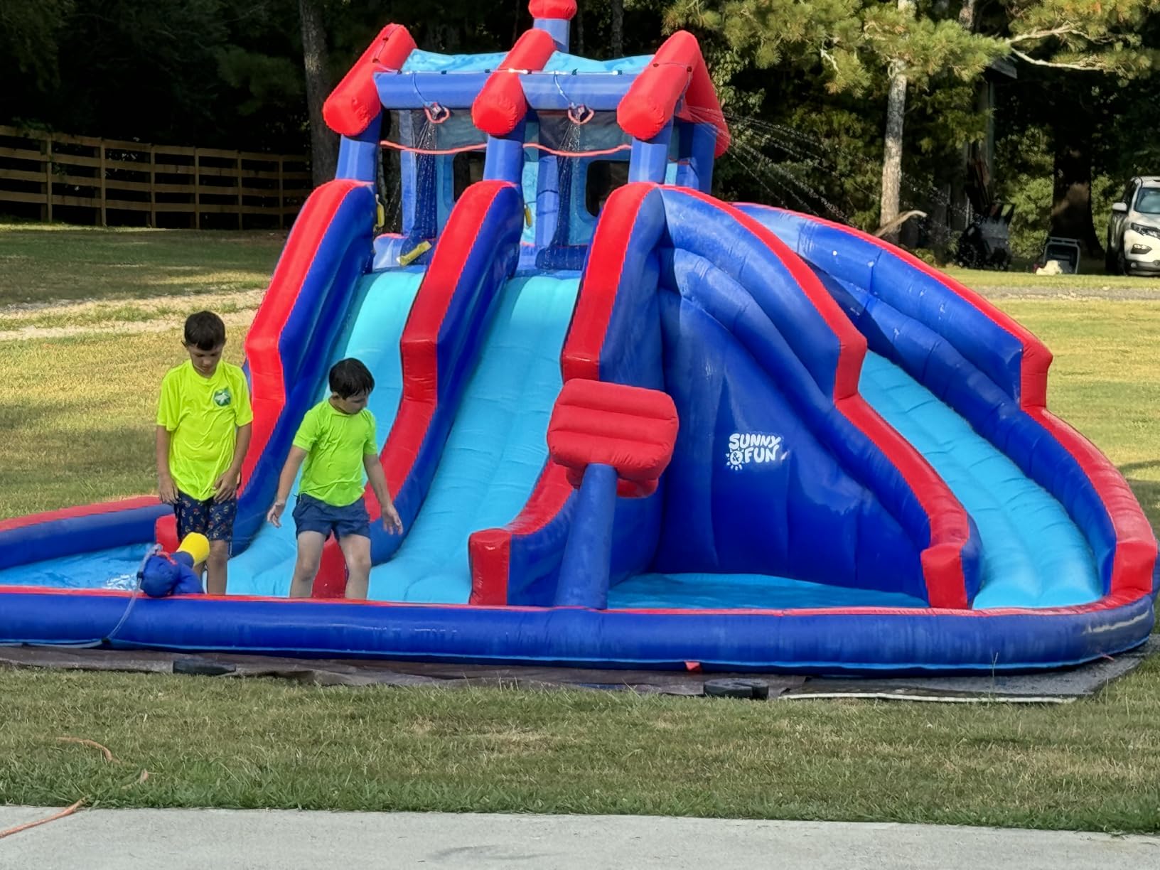 Sunny & Fun Mega Sport Inflatable Water Triple Slide Park - Heavy-Duty for Outdoor Fun - Climbing Wall, 3 Slides & Splash Pool - Easy to Set Up & Inflate with Included Air Pump & Carrying Case customer photo 1