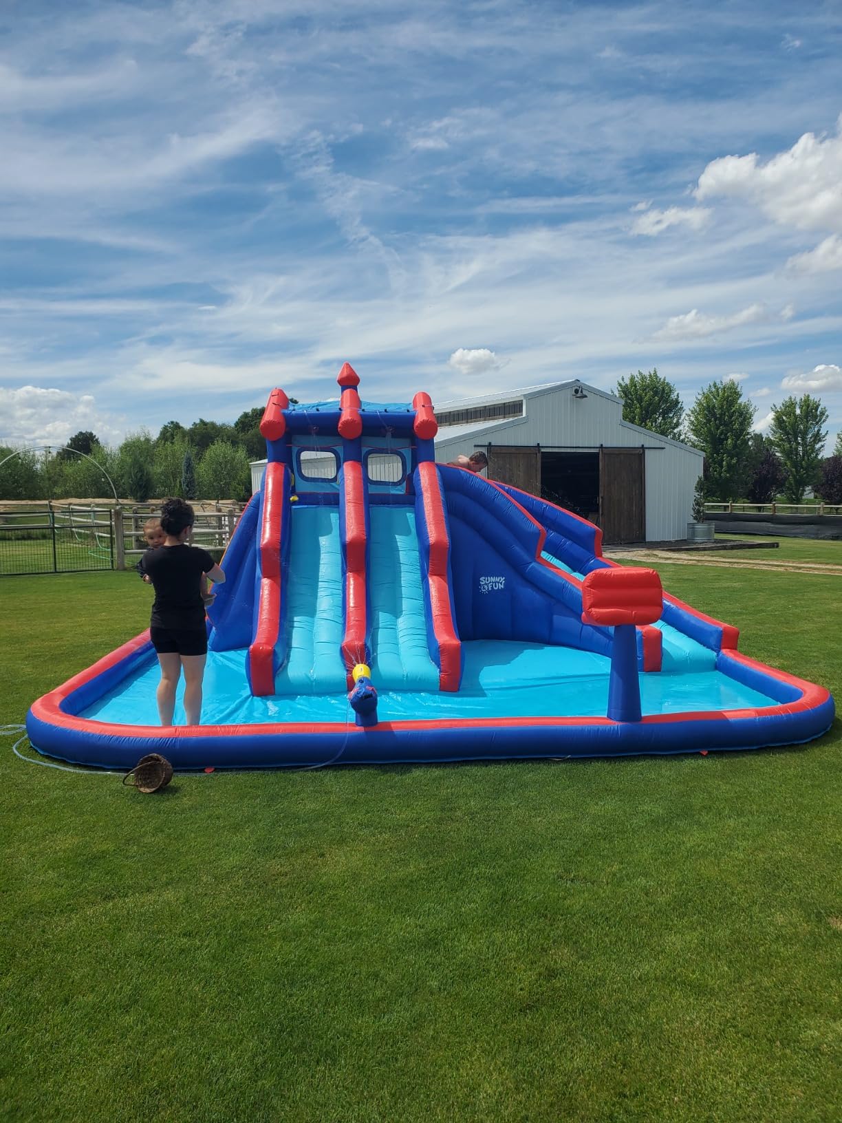 Sunny & Fun Mega Sport Inflatable Water Triple Slide Park - Heavy-Duty for Outdoor Fun - Climbing Wall, 3 Slides & Splash Pool - Easy to Set Up & Inflate with Included Air Pump & Carrying Case customer photo 2