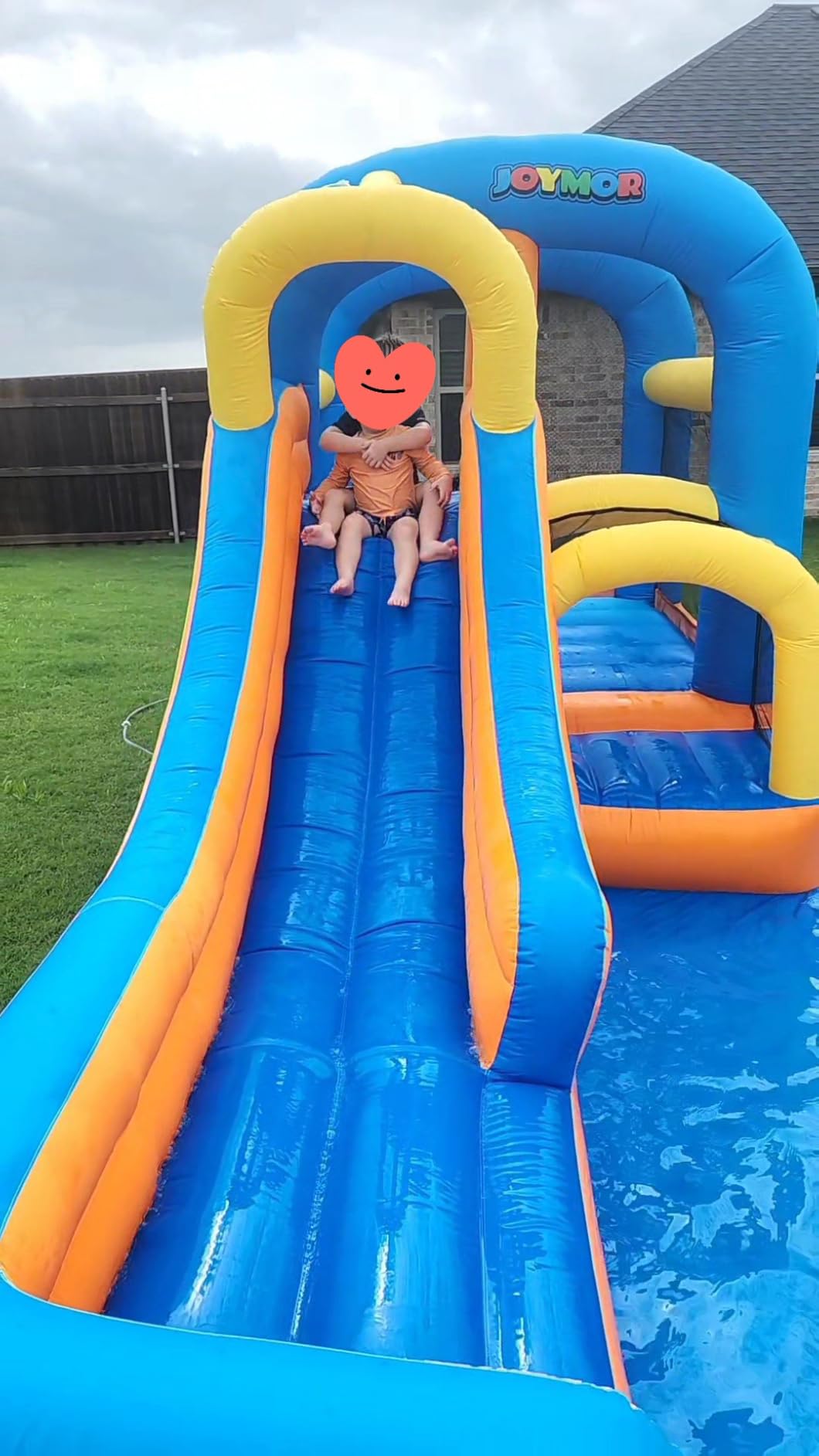 JOYMOR 5-in-1 Inflatable Water Slide Park, Water Bounce House w/Air Blower, Climbing Wall, Double Jump Area, Splash Pool, Water Cannon, Wet or Dry Combo Castle Outdoor Backyard Playhouse for Kids customer photo 2