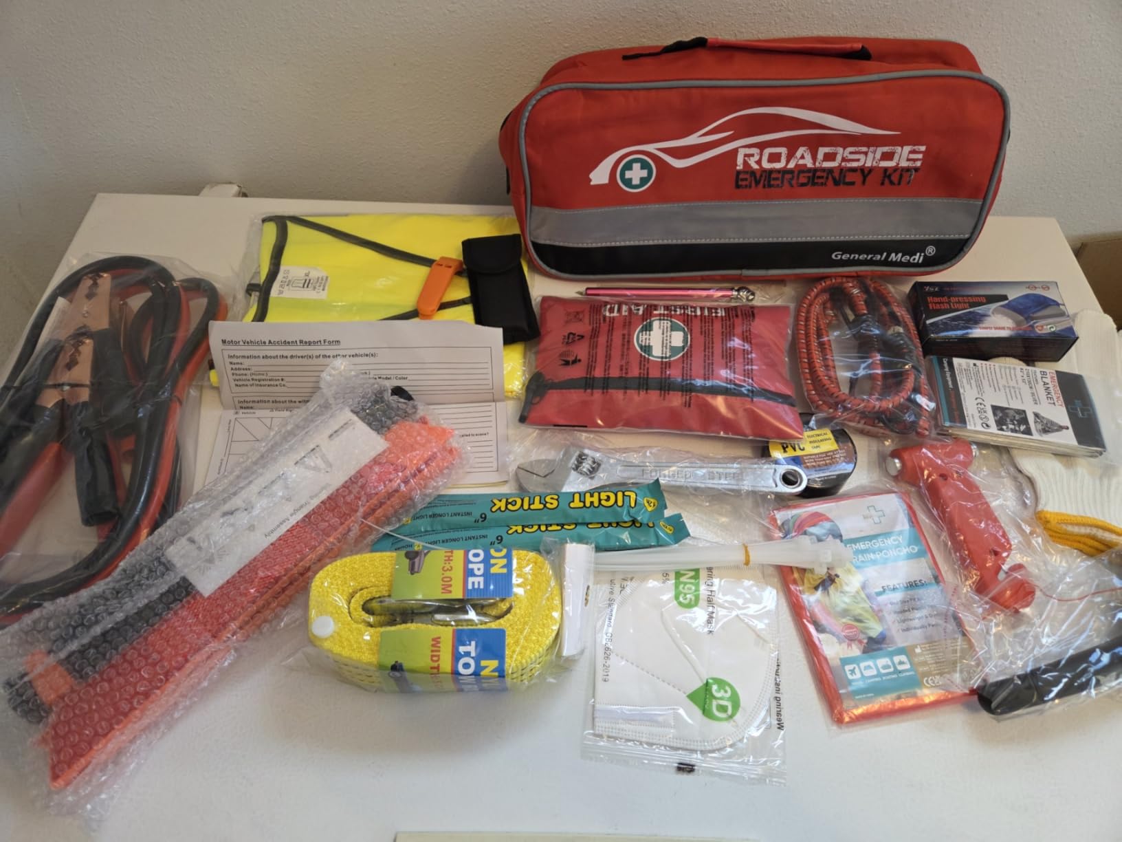 General Medi 127-Pieces Roadside Car Emergency Kit Include Mini First Aid Kit, Jumper Cables,Tow Rope, Bandage, Safety Vest, Emergency Triangle, All in One Pack customer photo 1