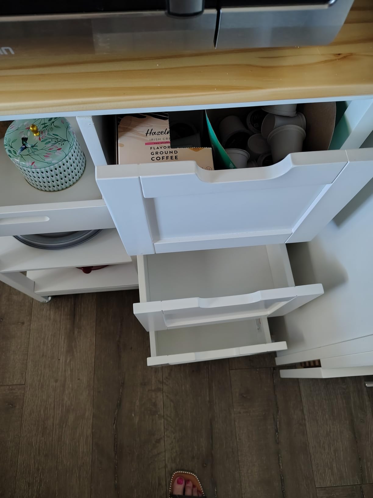 YITAHOME Small Solid Wood Top Kitchen Island Cart on Wheels with Storage, Rolling Portable Dining Room Serving Utility Carts Mobile Movable with 3 Drawers Cabinet, Oak & White customer photo 1