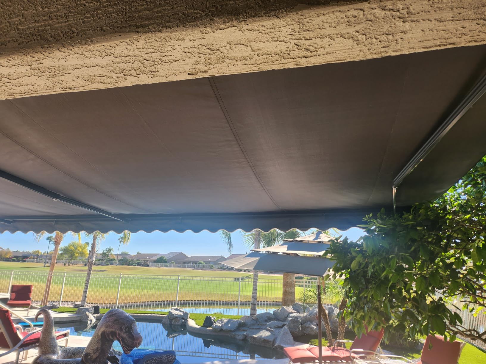 Aleko 20x10 Moroccan Style Semi-Cassette Motorized Patio Awning, Remote Control Electric & Manual Crank, LED Lights, UV-Protected Fabric Canopy Shade - Multi-Stripe Yellow customer photo 1