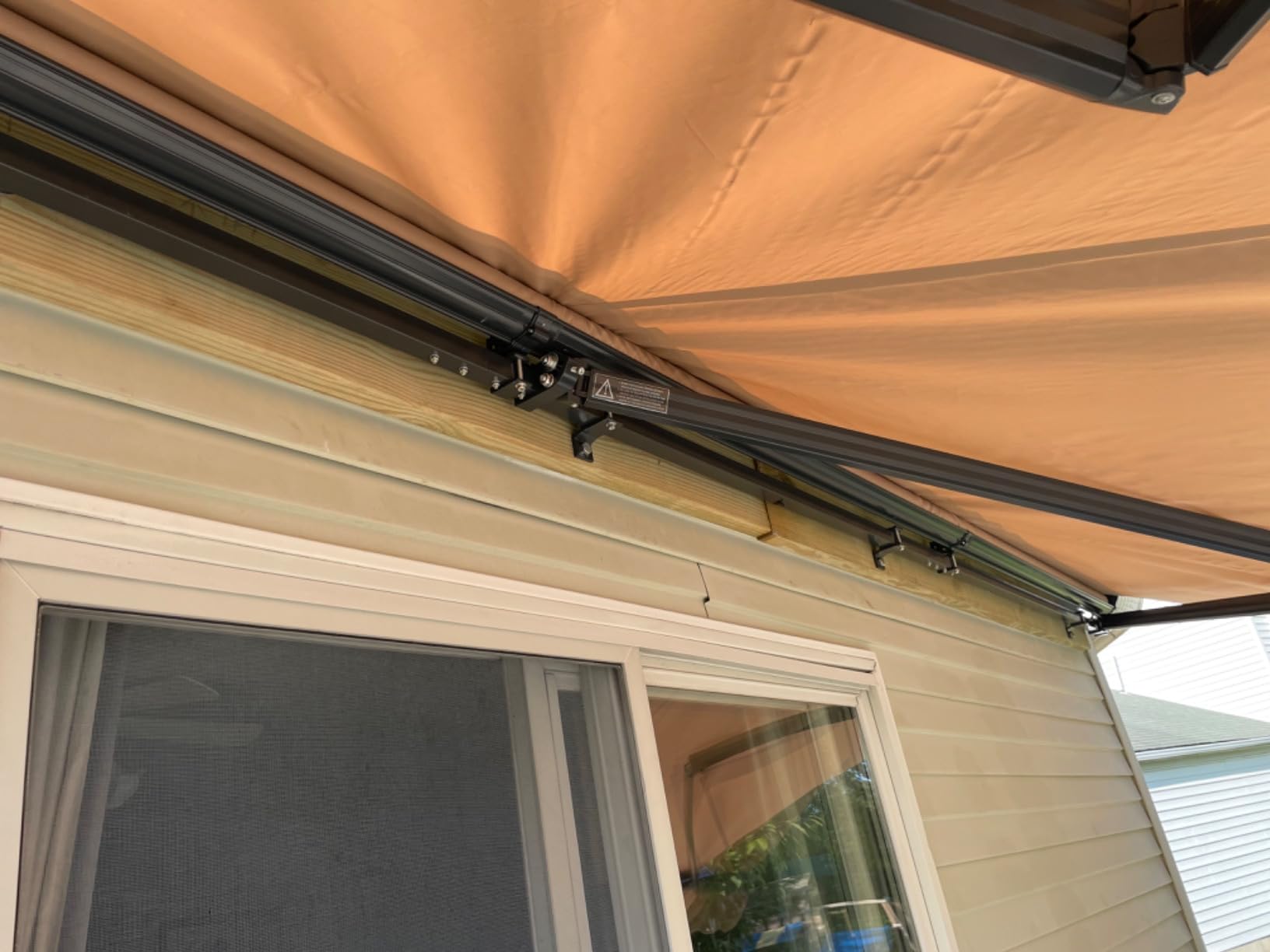 Aleko 20x10 Moroccan Style Semi-Cassette Motorized Patio Awning, Remote Control Electric & Manual Crank, LED Lights, UV-Protected Fabric Canopy Shade - Multi-Stripe Yellow customer photo 2