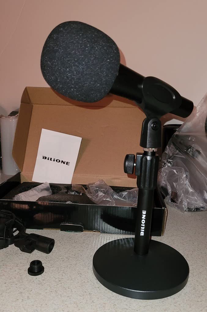 BILIONE Multifunctional Desktop Microphone Stand, Adjustable Mic Stand Desk with Pop Filter, Shock Mount, Microphone Clip, 5/8