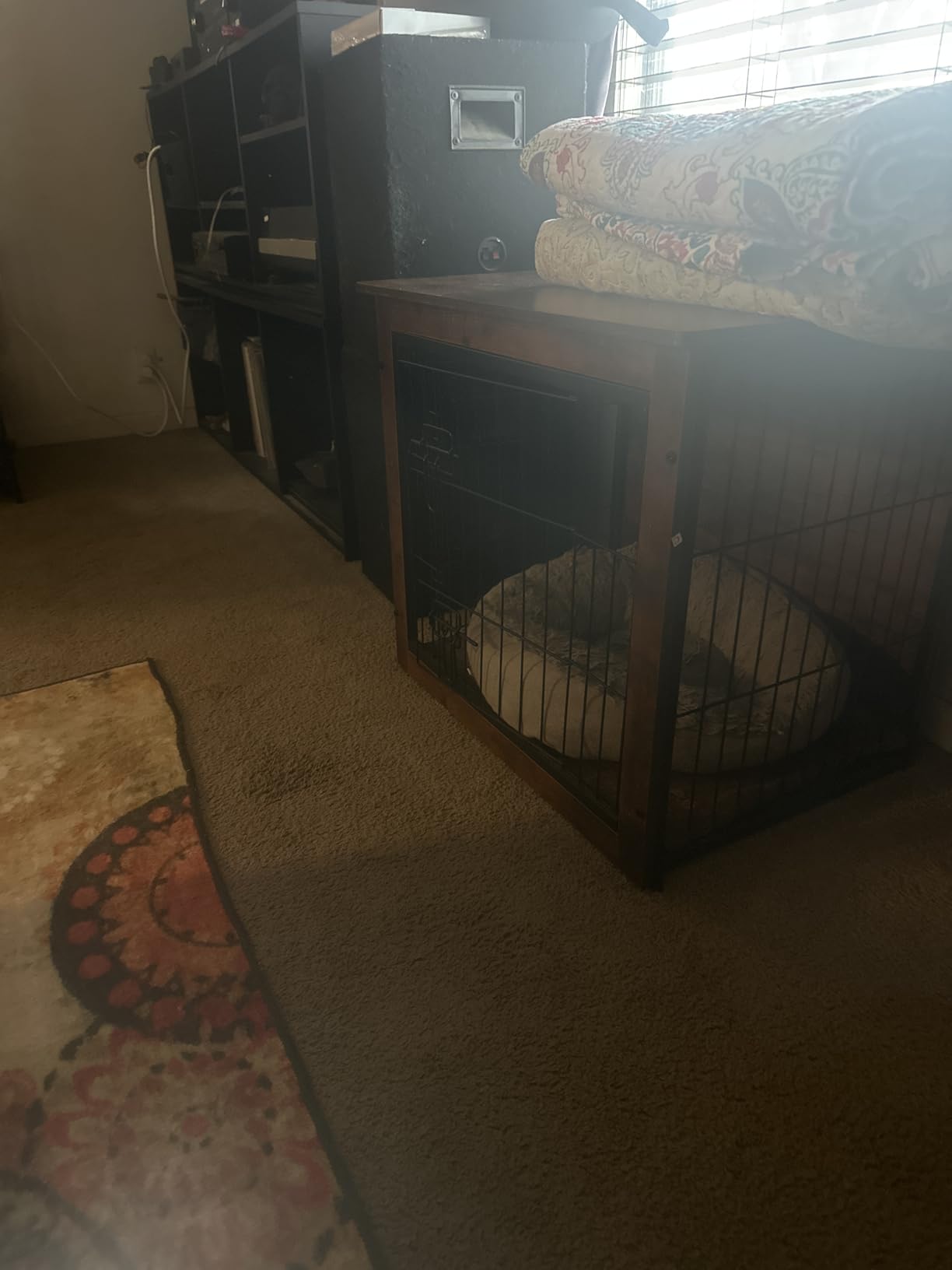DWANTON Dog Crate Furniture with Cushion, Wooden Kennel Table with Double Doors, Indoor Dog House, Medium Size, 32.5