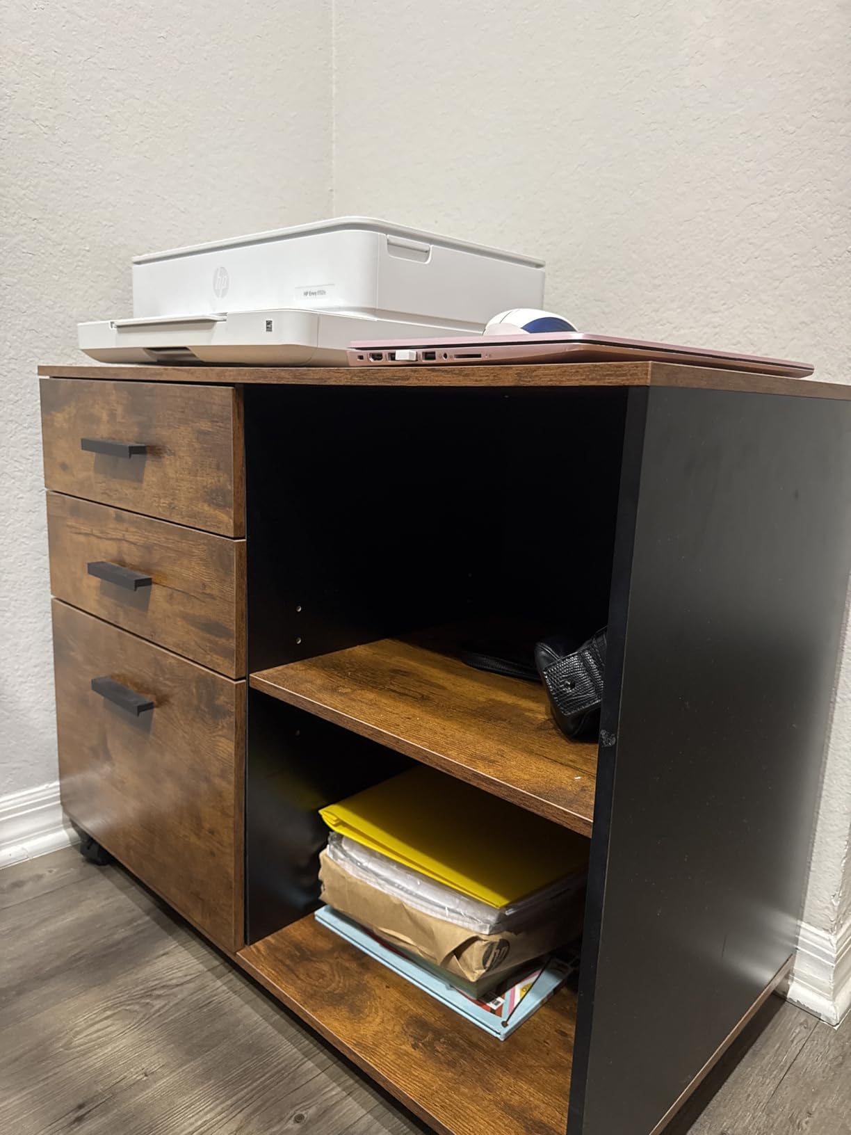 DEVAISE 3 Drawer Mobile File Cabinet, Wood Lateral Filing Cabinet, Printer Stand with Open Shelves for Home Office, Rustic Brown customer photo 2