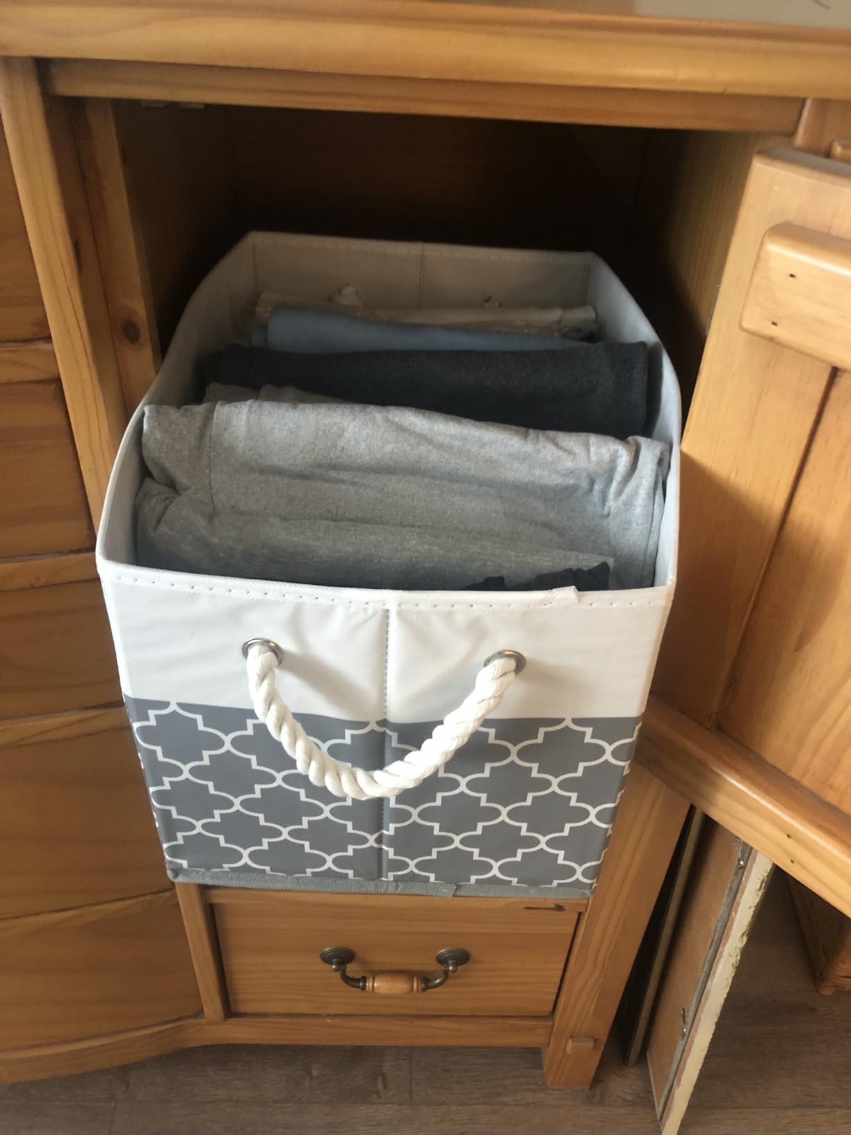 Fab totes Storage Bins [3-Pack], Foldable Storage Baskets for Organizing Toys, Books, Shelves, Closet, Large Storage Box with Rope Handles, Sturdy Organizer Bins, White & Grey customer photo 1