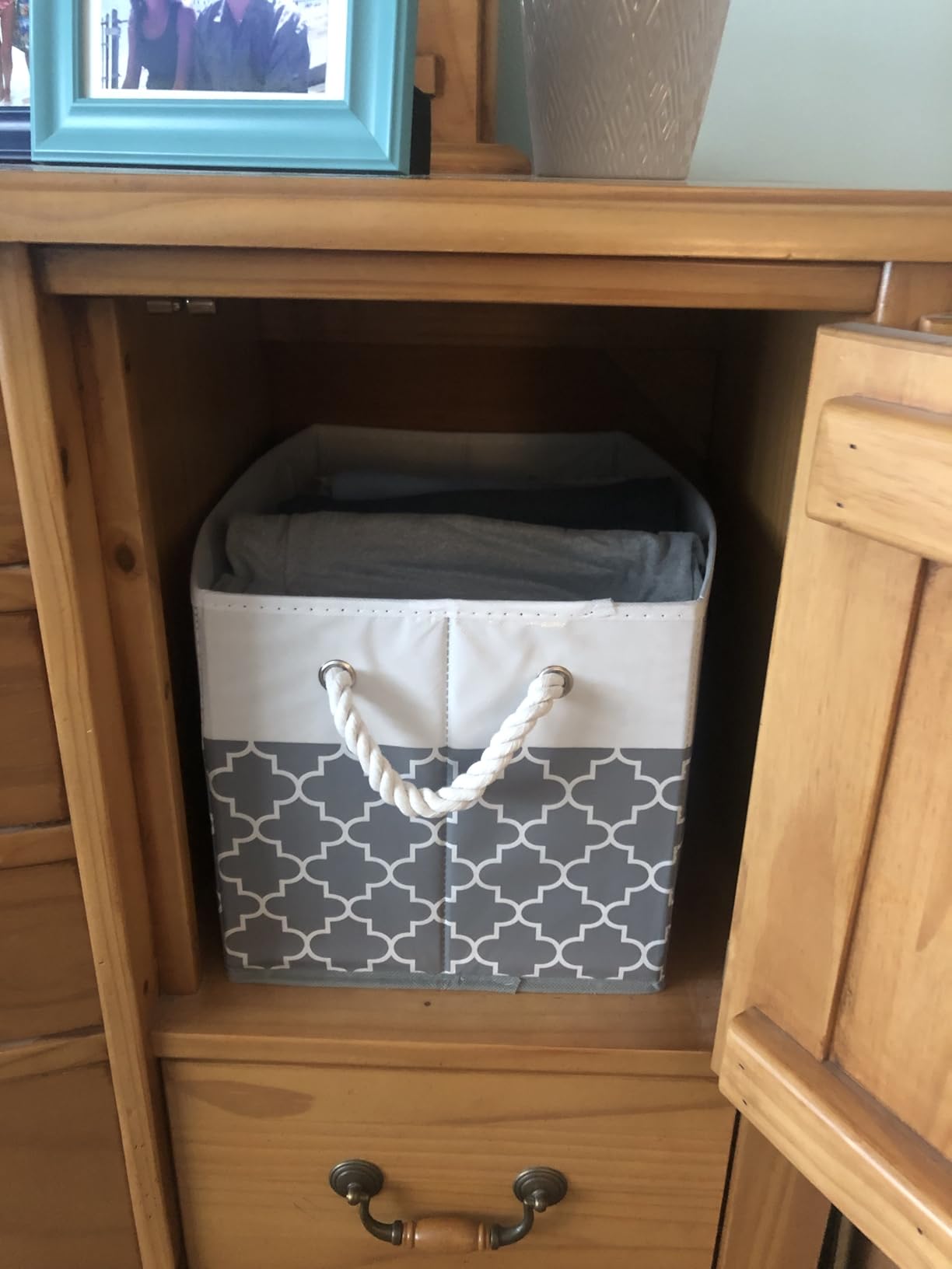 Fab totes Storage Bins [3-Pack], Foldable Storage Baskets for Organizing Toys, Books, Shelves, Closet, Large Storage Box with Rope Handles, Sturdy Organizer Bins, White & Grey customer photo 2