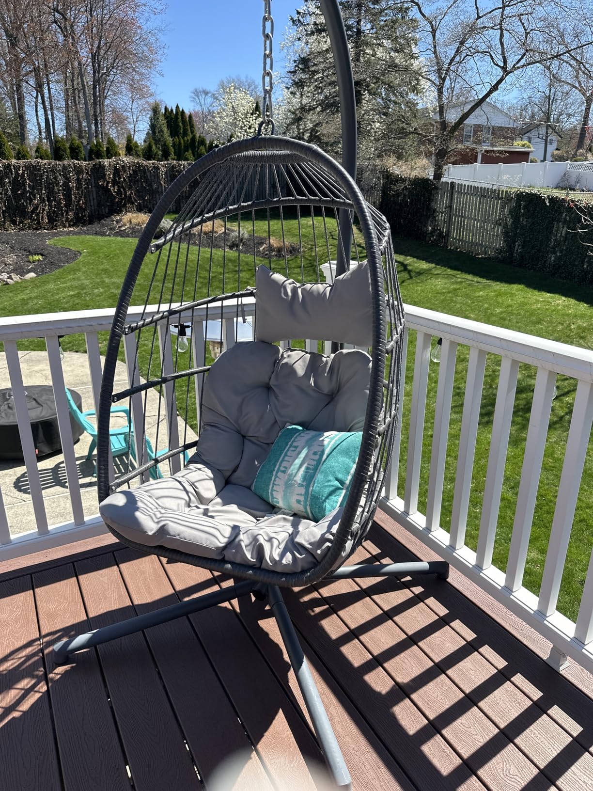 NICESOUL Hanging Egg Chair with Stand Indoor Outdoor, Comfy Patio Rattan Swing Hammock Chairs with Cushion, 350lbs Capacity Egg Shaped Chair for Lawn Backyard Balcony Bedroom, Birthday Gift, Beige customer photo 1