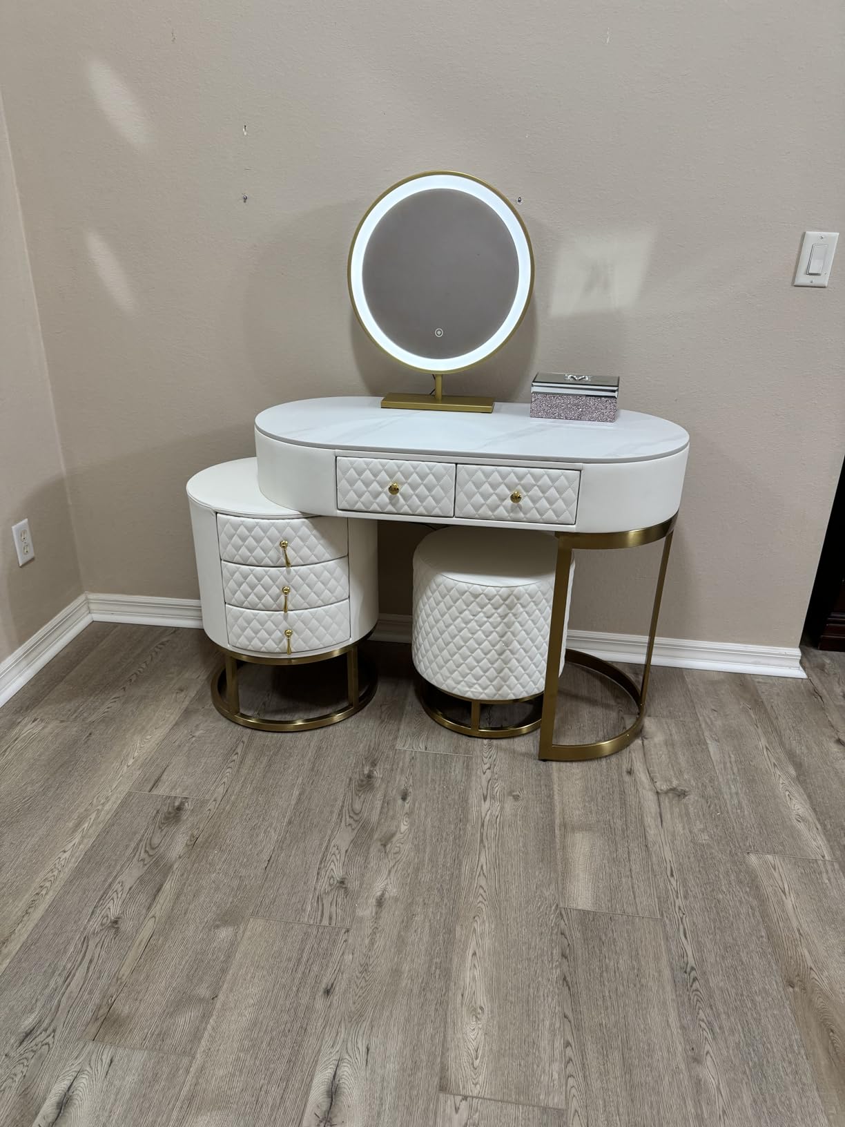Modern Faux Leather Makeup Vanity Desk with HD Mirror and 3 Colors Lights Mode, Movable Side Cabinet, Women Dressing Table with 5 Drawers & Vanity Stool for Bedroom, White customer photo 1