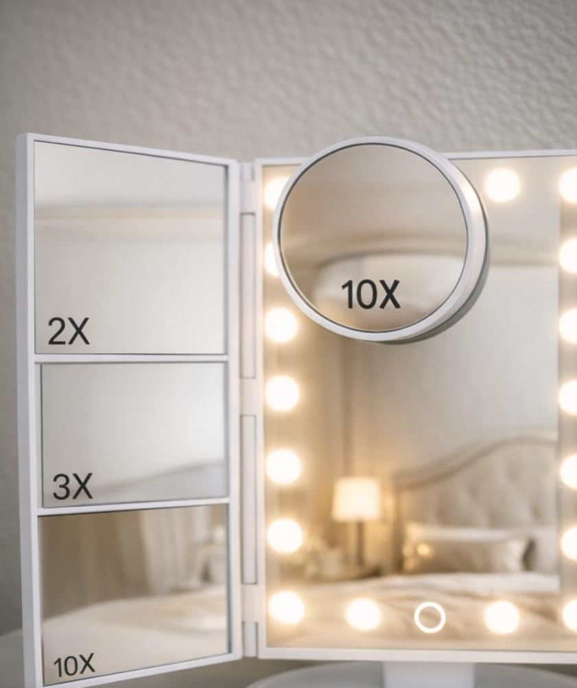 HUONUL Makeup Mirror, Vanity Mirror with Lights, 2X/3X/10X Magnification, Touch Control, Trifold, Dual Power Supply, Birthday Gifts for Women, Wife, Mom, Girls,Dorm Room Essentials customer photo 1