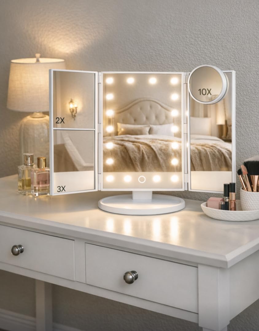 HUONUL Makeup Mirror, Vanity Mirror with Lights, 2X/3X/10X Magnification, Touch Control, Trifold, Dual Power Supply, Birthday Gifts for Women, Wife, Mom, Girls,Dorm Room Essentials customer photo 2
