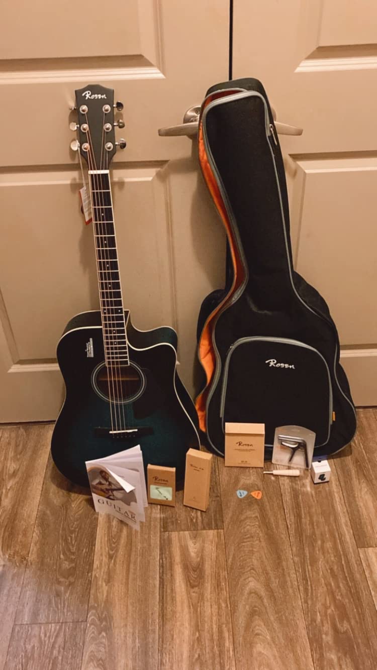 Rosen Solid Top Dreadnought Acoustic Guitar 41 Inches Spruce Guitar Beginner Bundle with Book, Padded Bag, Strings, Picks, Hexwrench, Strap, Polishing Cloth, Blue customer photo 2