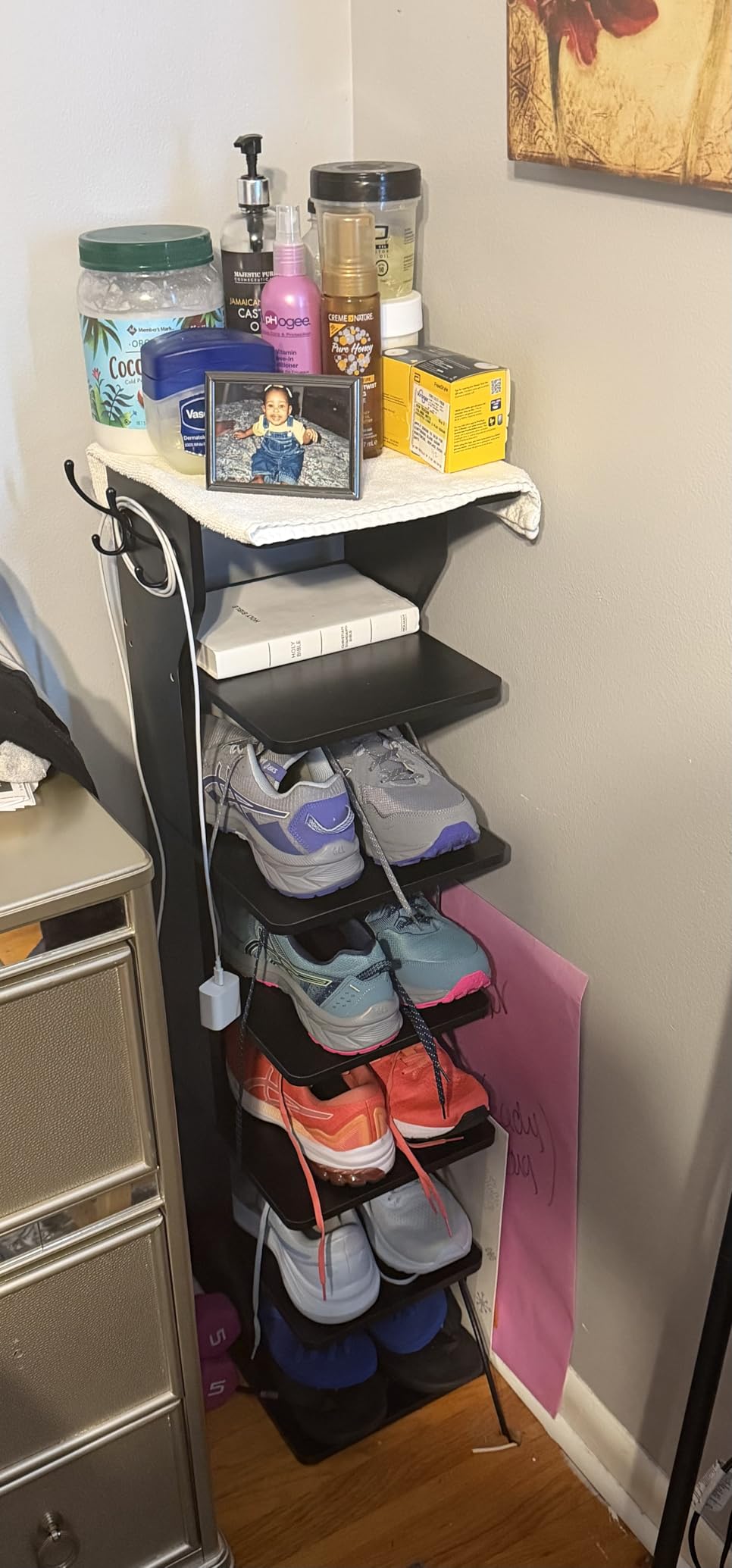 VASAGLE 7-Tier Vertical Shoe Rack, Narrow Shoe Storage Organizer with Hooks, Slim Corner Tower Shelf, Space-Saving for Entryway and Bedroom, White ULBS200T14 customer photo 1