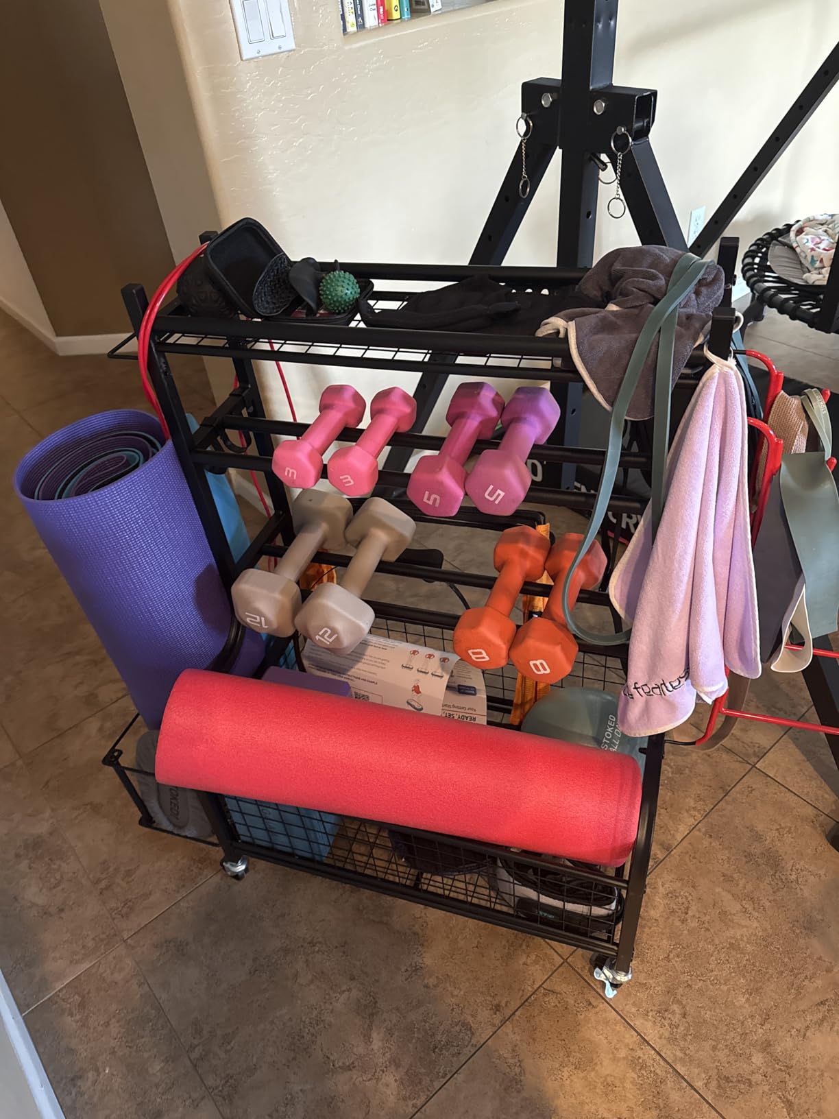 PLKOW Dumbbell Rack, Weight Rack for Dumbbells, Home Gym Storage for Dumbbells Kettlebells Yoga Mat and Balls, All in One Workout Storage with Wheels and Hooks, Powder Coated Finish Steel customer photo 1
