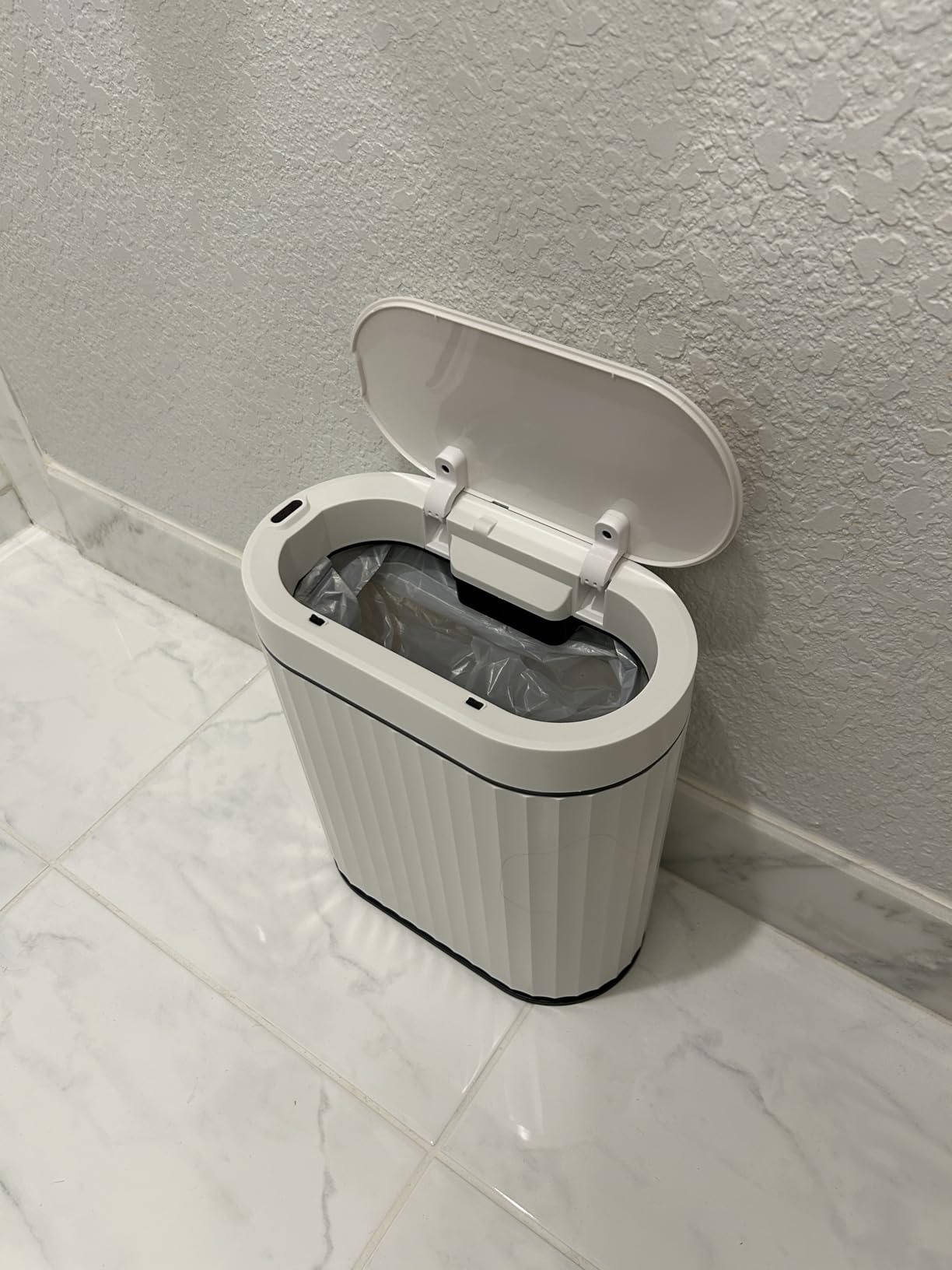 ELPHECO Automatic Motion Sensor Trash Can - 2 Gallon Slimline for Bathroom, Bedroom, Kitchen, Office - White with Gold Trim customer photo 2