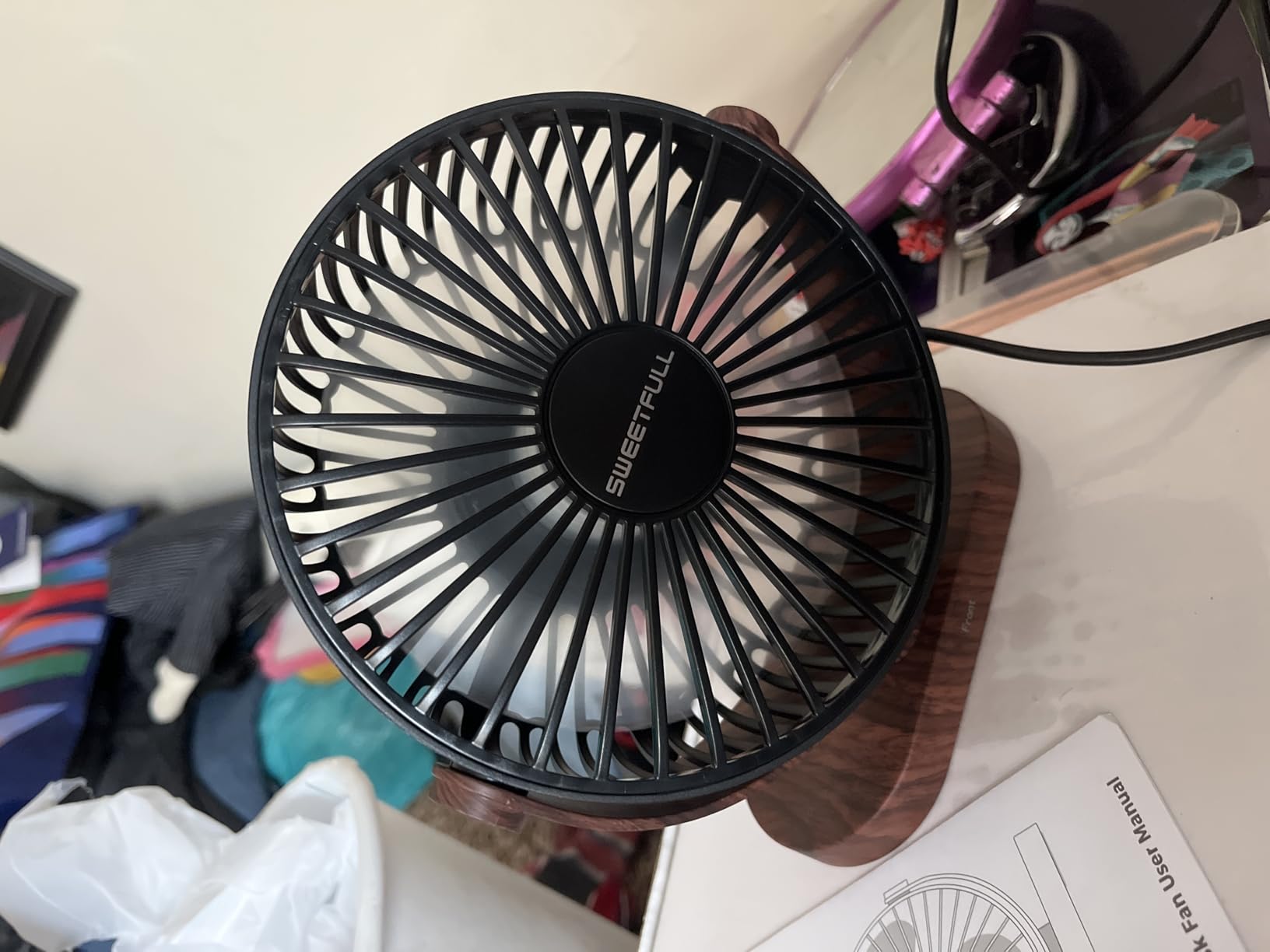 SWEETFULL 6.5 Inch USB Small Desk Fan, 3 Speeds Quiet Portable Desktop Table Fan, 360° Adjustment Personal Mini Fan for Home Office Car Outdoor Travel (Black wood grain) customer photo 2