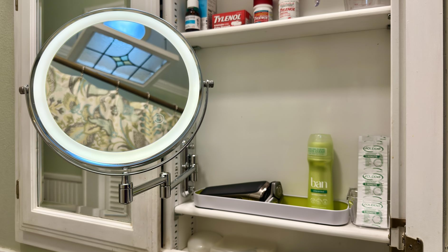 Rocollos Rechargeable Wall Mounted Lighted Makeup Mirror, 8 Inch Double-Sided LED Vanity Mirror 1X/10X Magnification, 3 Color Lights Touch Screen Dimmable 360°Swivel 13 Inch Extendable customer photo 1