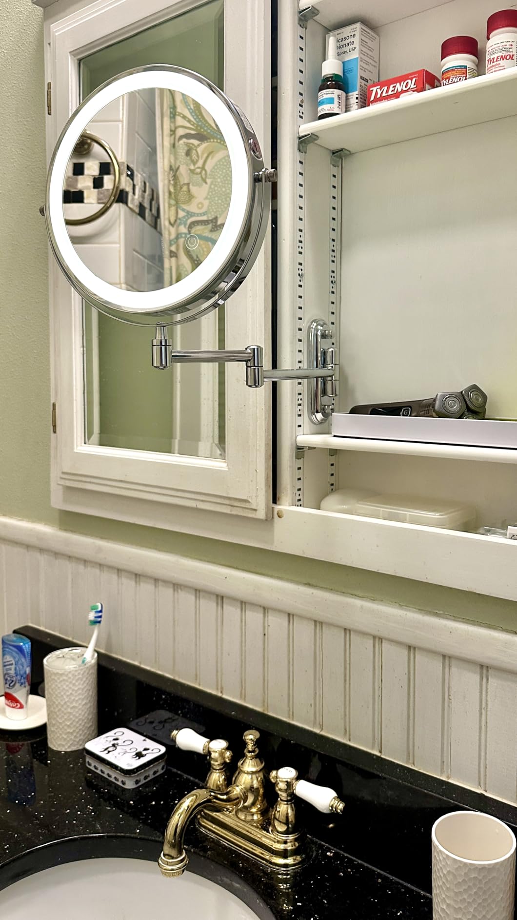 Rocollos Rechargeable Wall Mounted Lighted Makeup Mirror, 8 Inch Double-Sided LED Vanity Mirror 1X/10X Magnification, 3 Color Lights Touch Screen Dimmable 360°Swivel 13 Inch Extendable customer photo 2